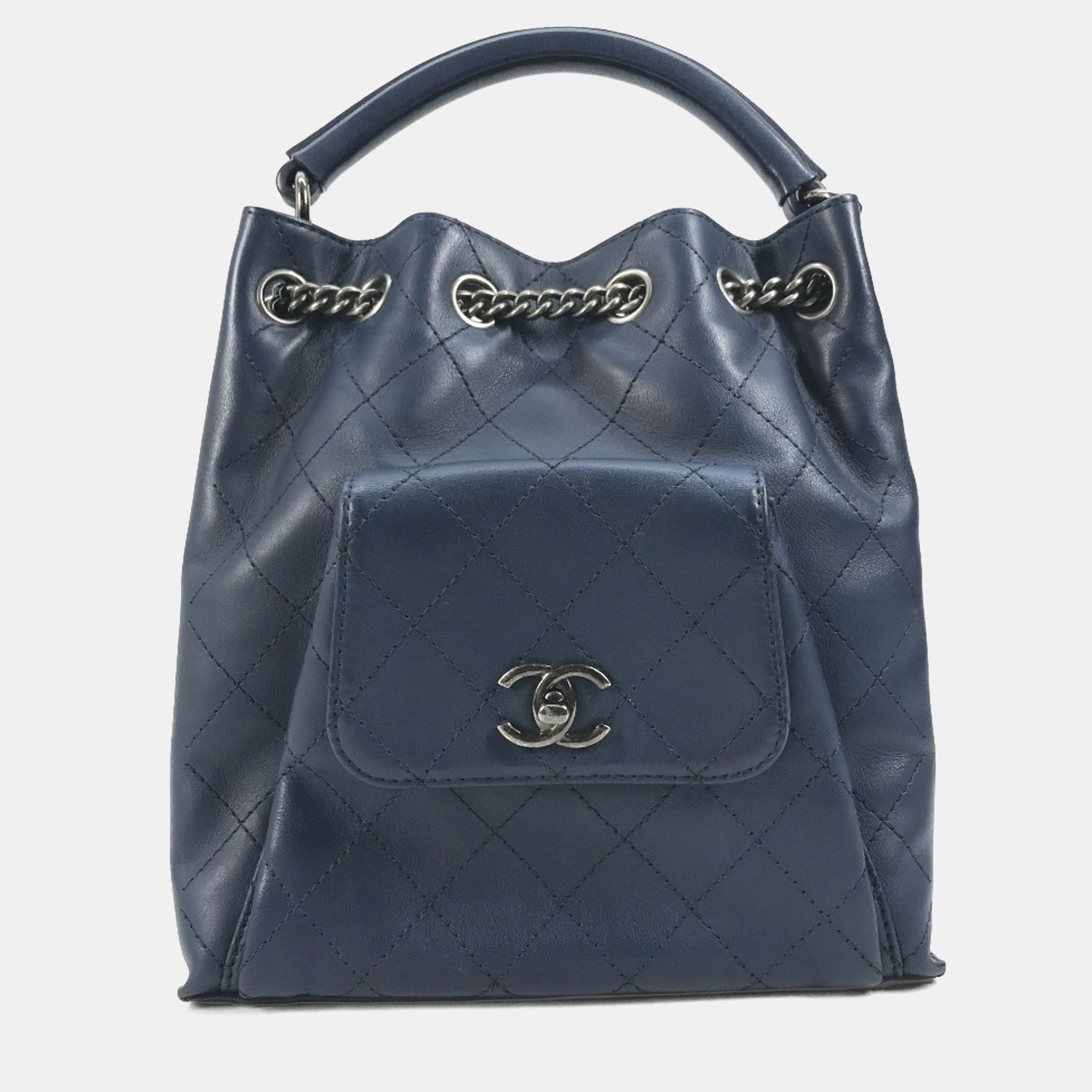 

Chanel Matelasse Cc Coco Mark Chain 3-Way Drawstring Handbag Bag Shoulder Leather Blue
