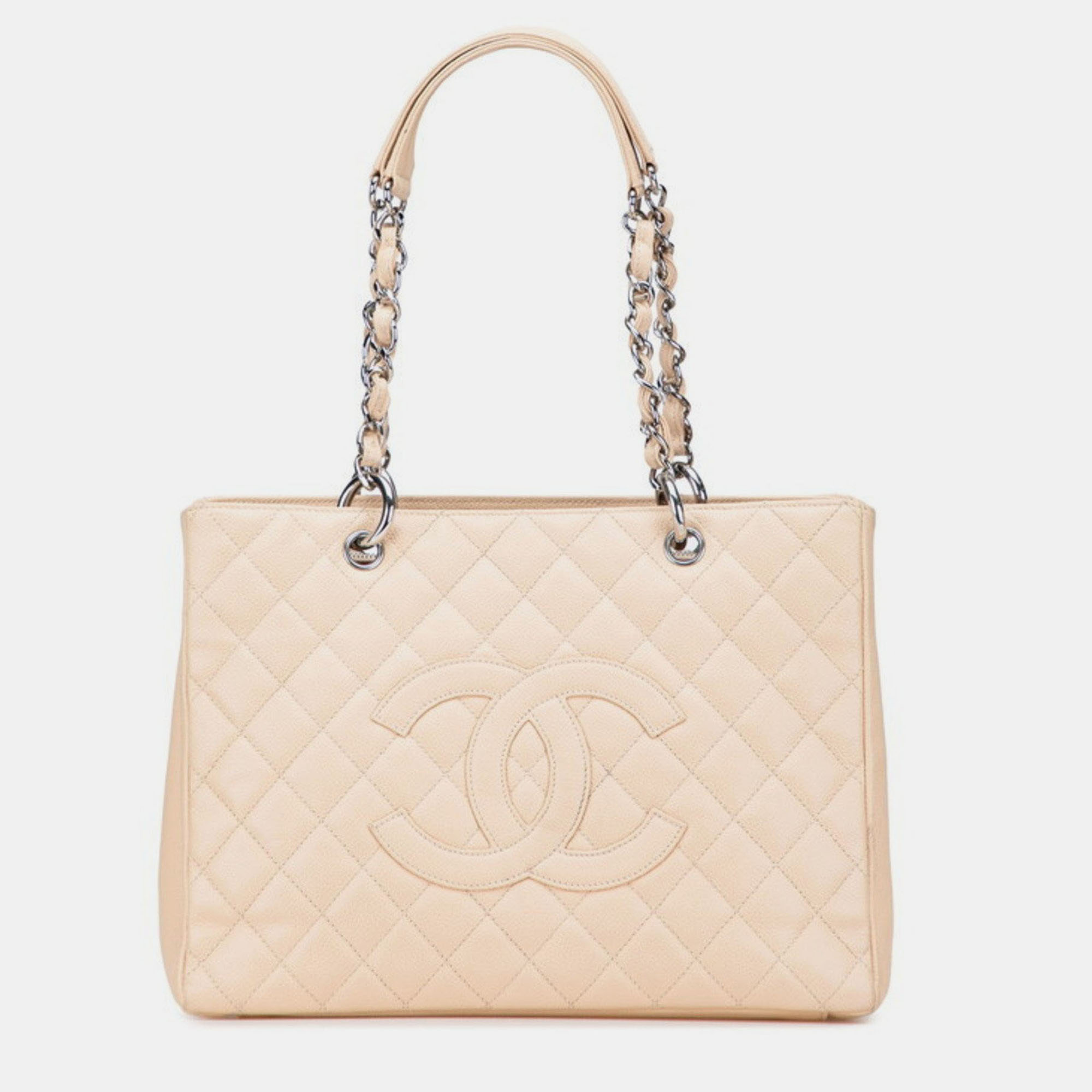 Pre-owned Chanel Matelasse Coco Mark Chain Tote Bag In Beige Caviar Leather In Sand