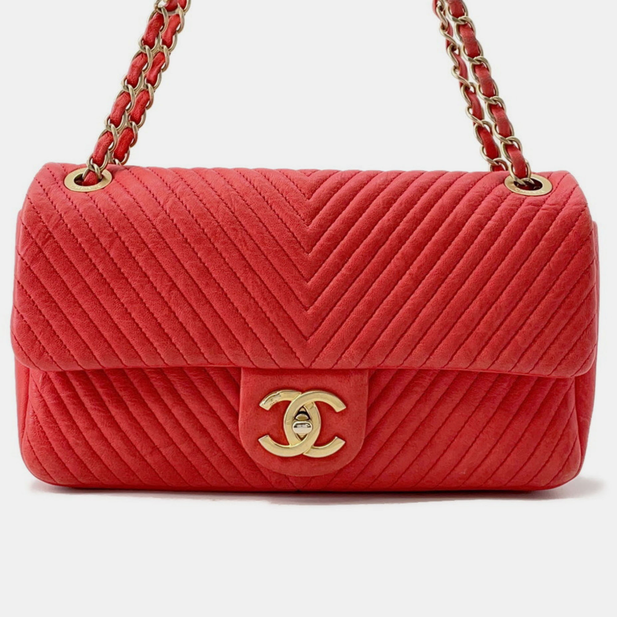 

Chanel Chain Shoulder Bag Chevron V Stitch Coco Mark W, Red