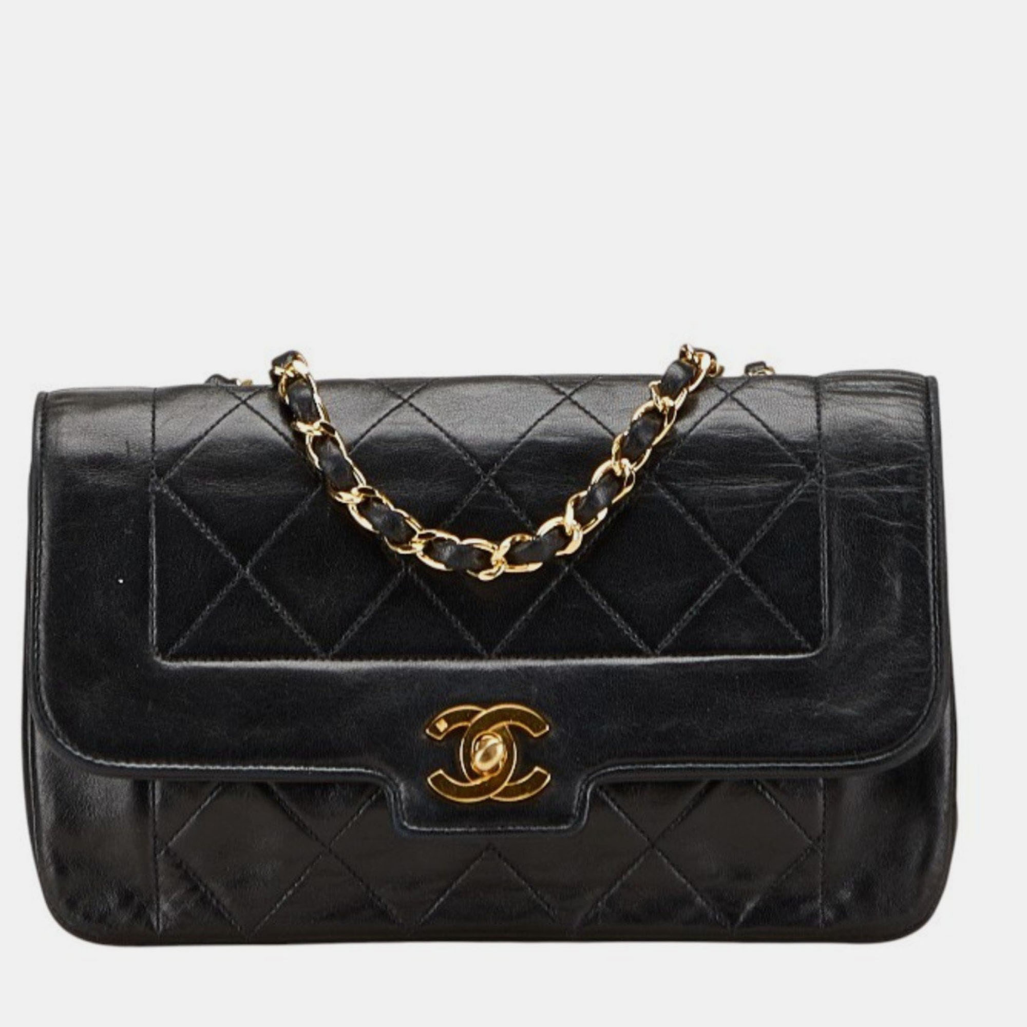 

Chanel Diana Matelasse Coco Mark Chain Shoulder Bag In Black Lambskin