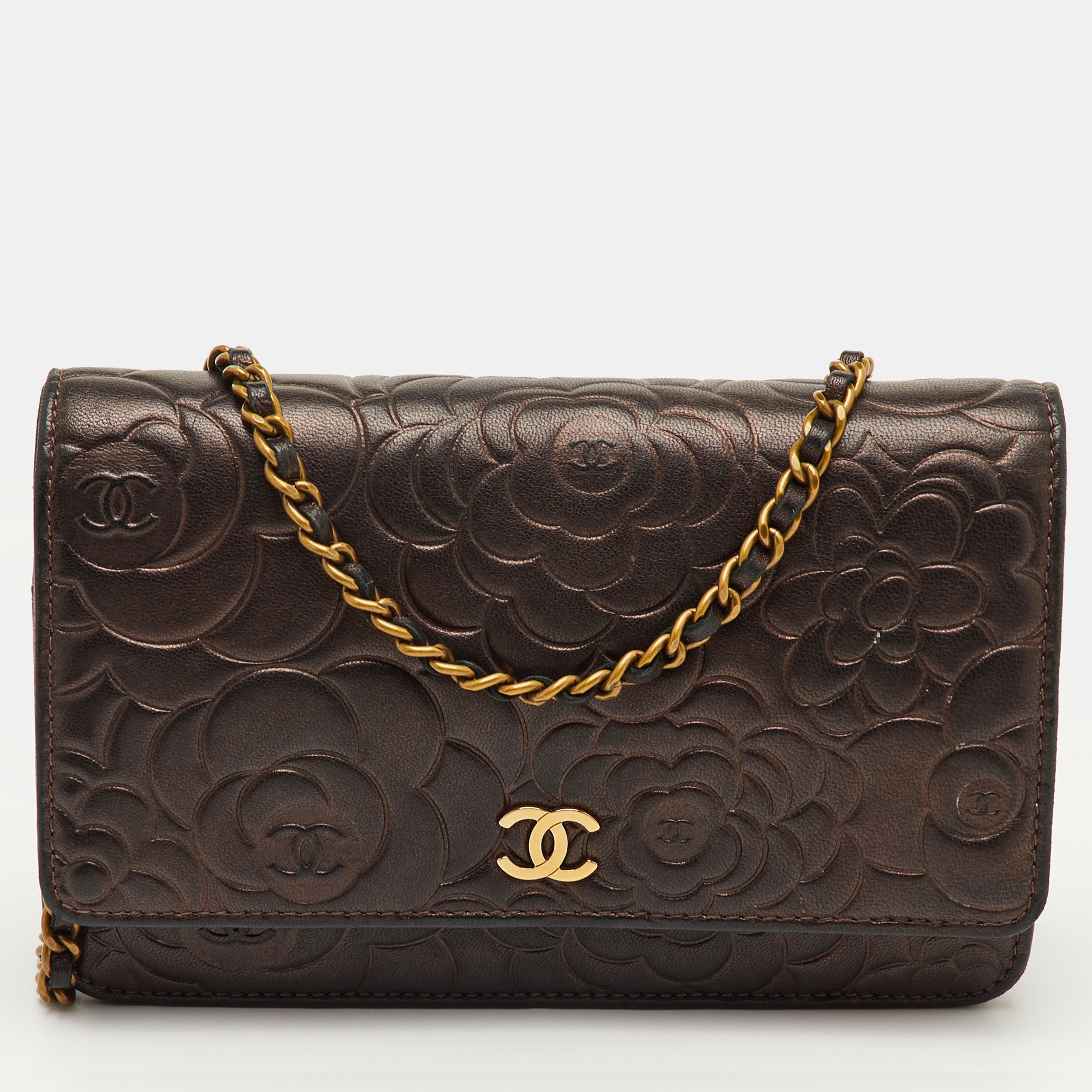

Chanel Metallic Embossed Camellia Leather CC Wallet On Chain