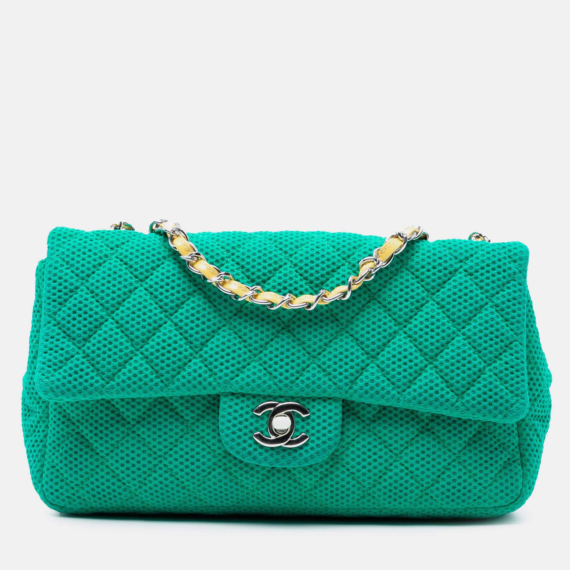 

Chanel Green Yellow Medium Classic Mesh Single Flap