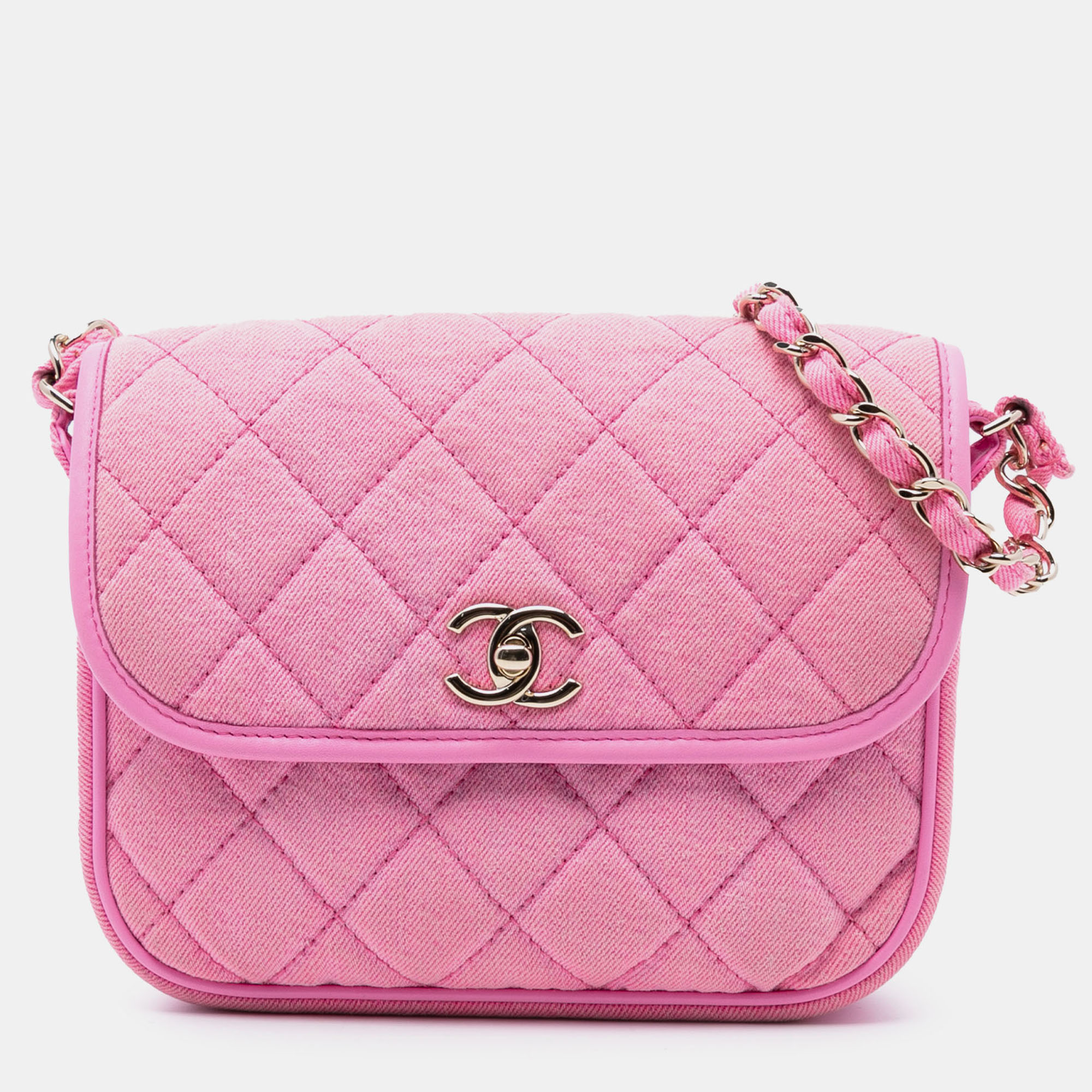 Pre-owned Chanel Pink Small Cc Quilted Denim Messenger Flap