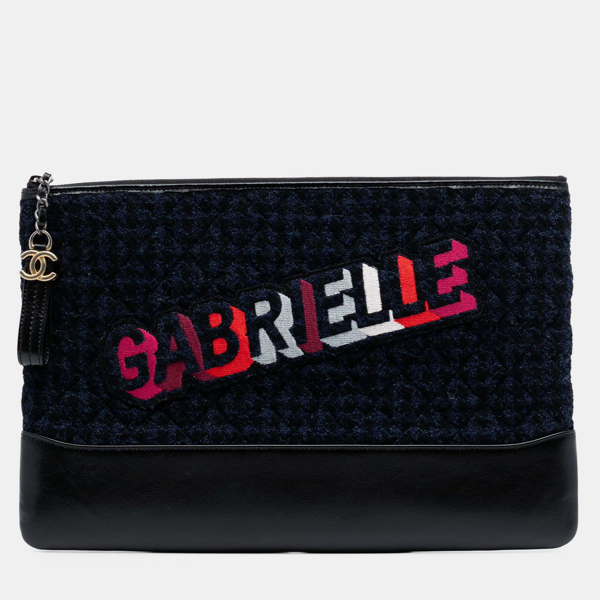 Pre-owned Chanel Black Blue Large Tweed And Calfskin Embroidered Gabrielle O Case Clutch