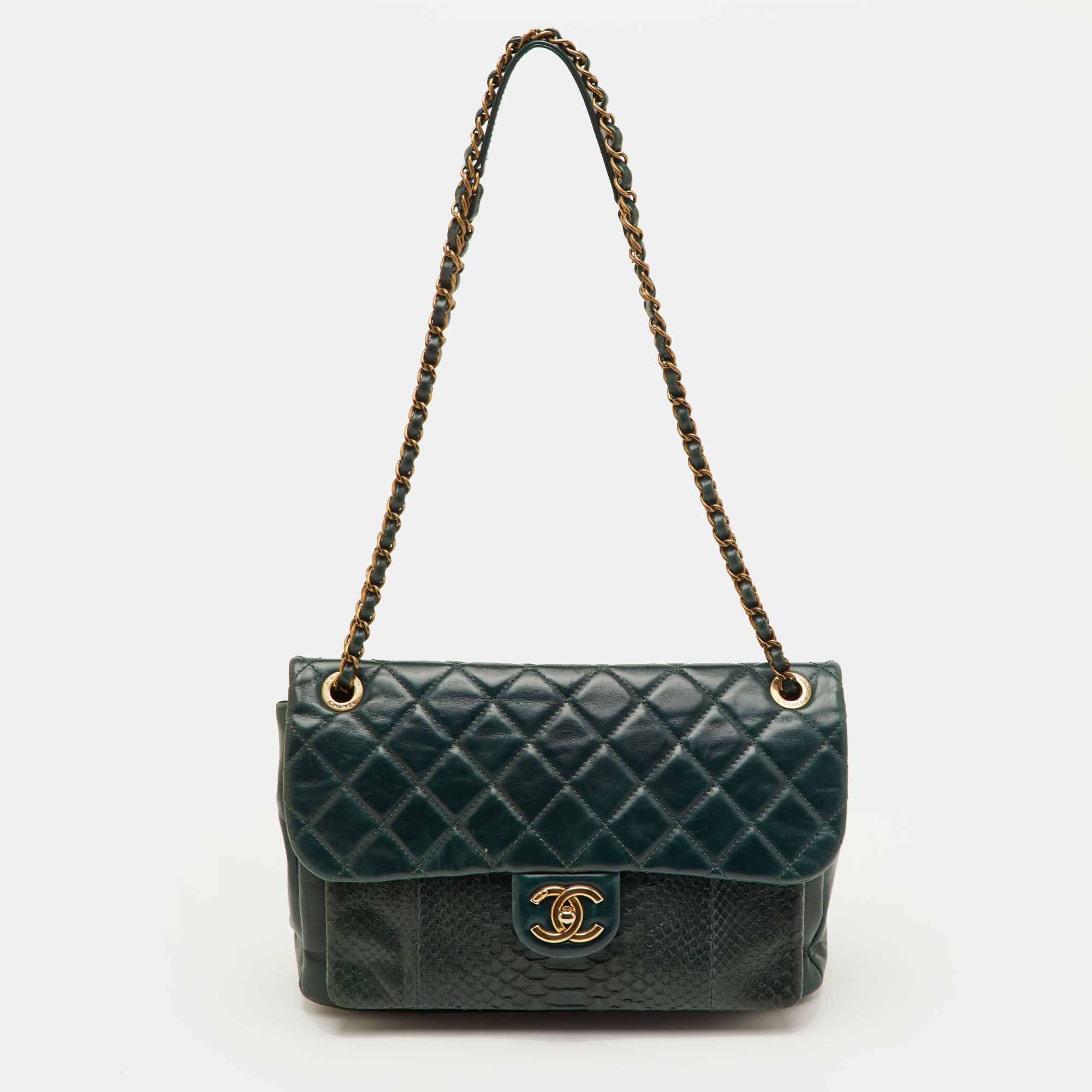 

Chanel Urban Mix Dark Green Quilted Leather and Python CC Flap Bag