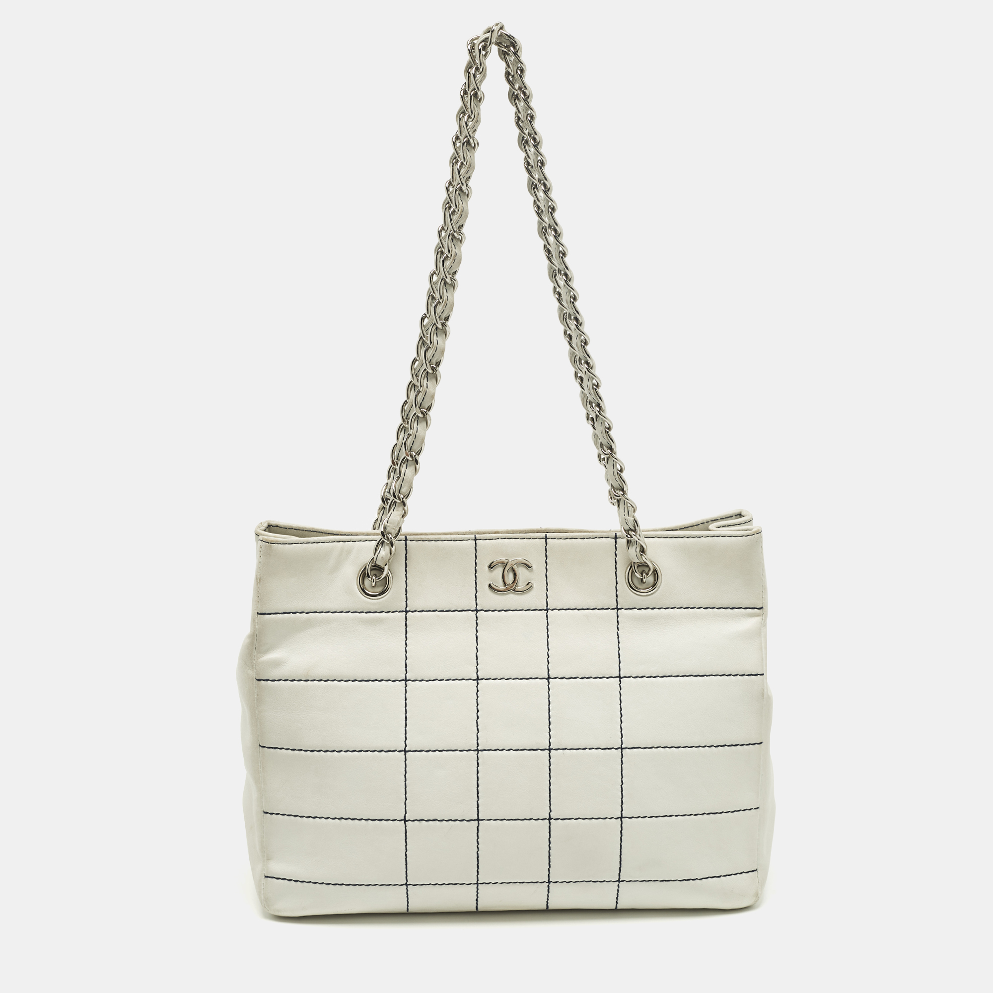 

Chanel White Chocolate Bar Quilted Wild Stitch Leather Tote