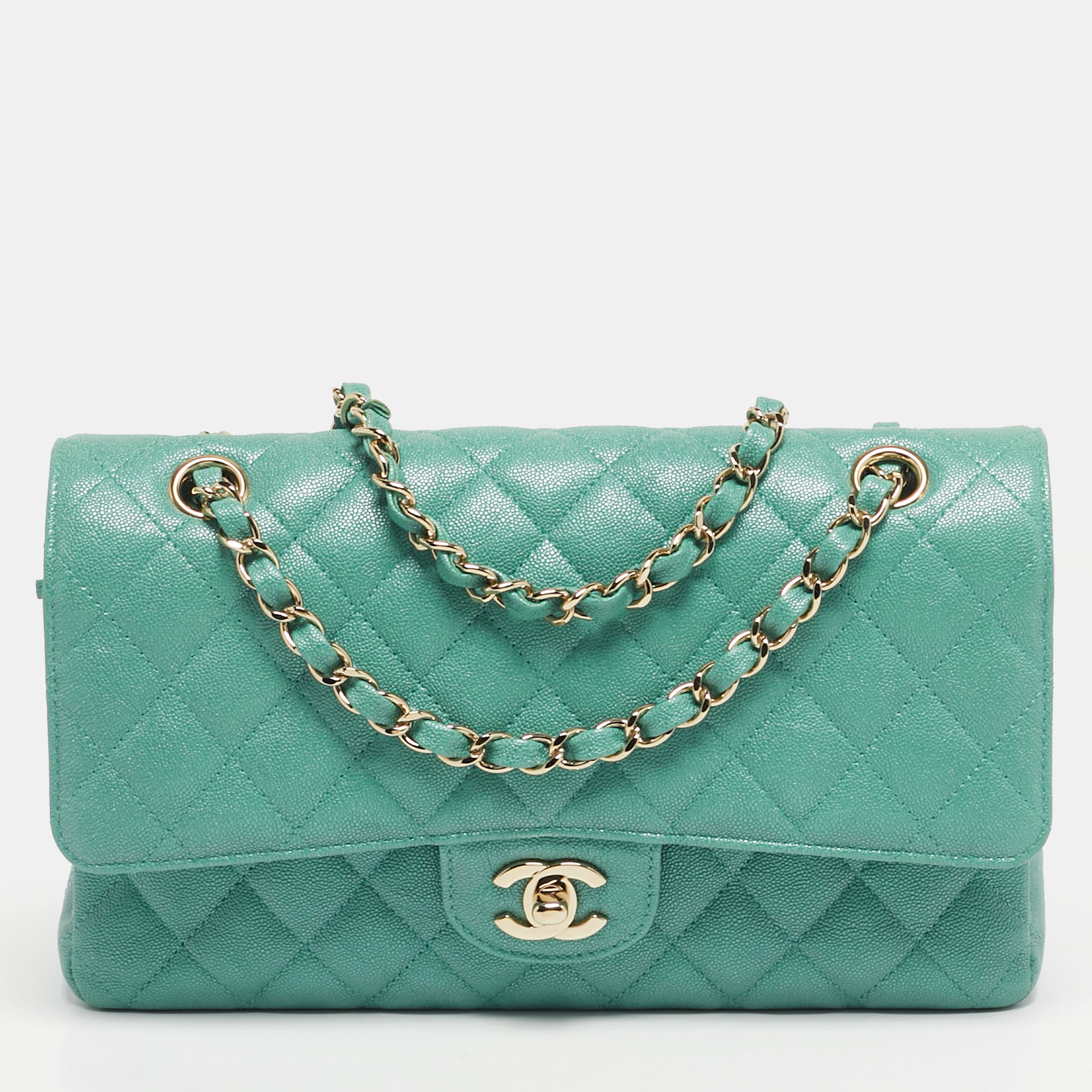 

Chanel Classic Double Flap Green Caviar Quilted Leather Flap Bag