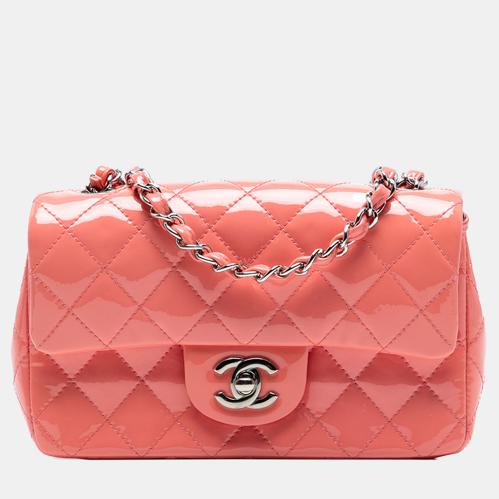 

Chanel Pink Mini Rectangular Classic Patent Single Flap
