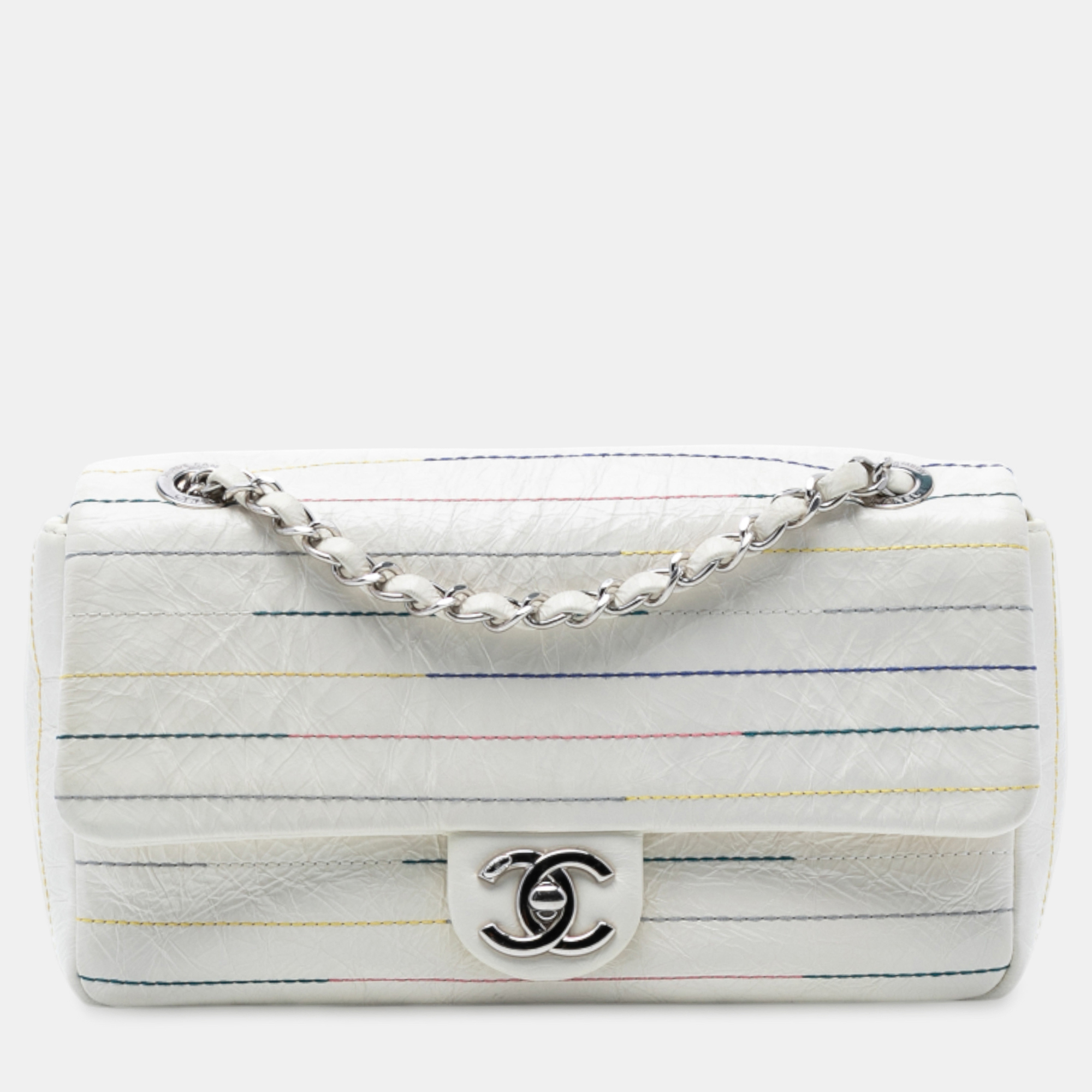 Pre-owned Chanel White Distressed Calfskin Straight Line Stitch Flap