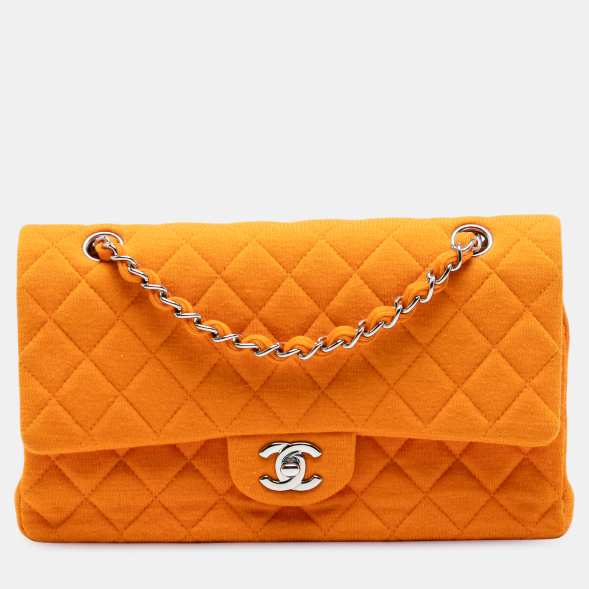 

Chanel Orange Medium Classic Jersey Double Flap