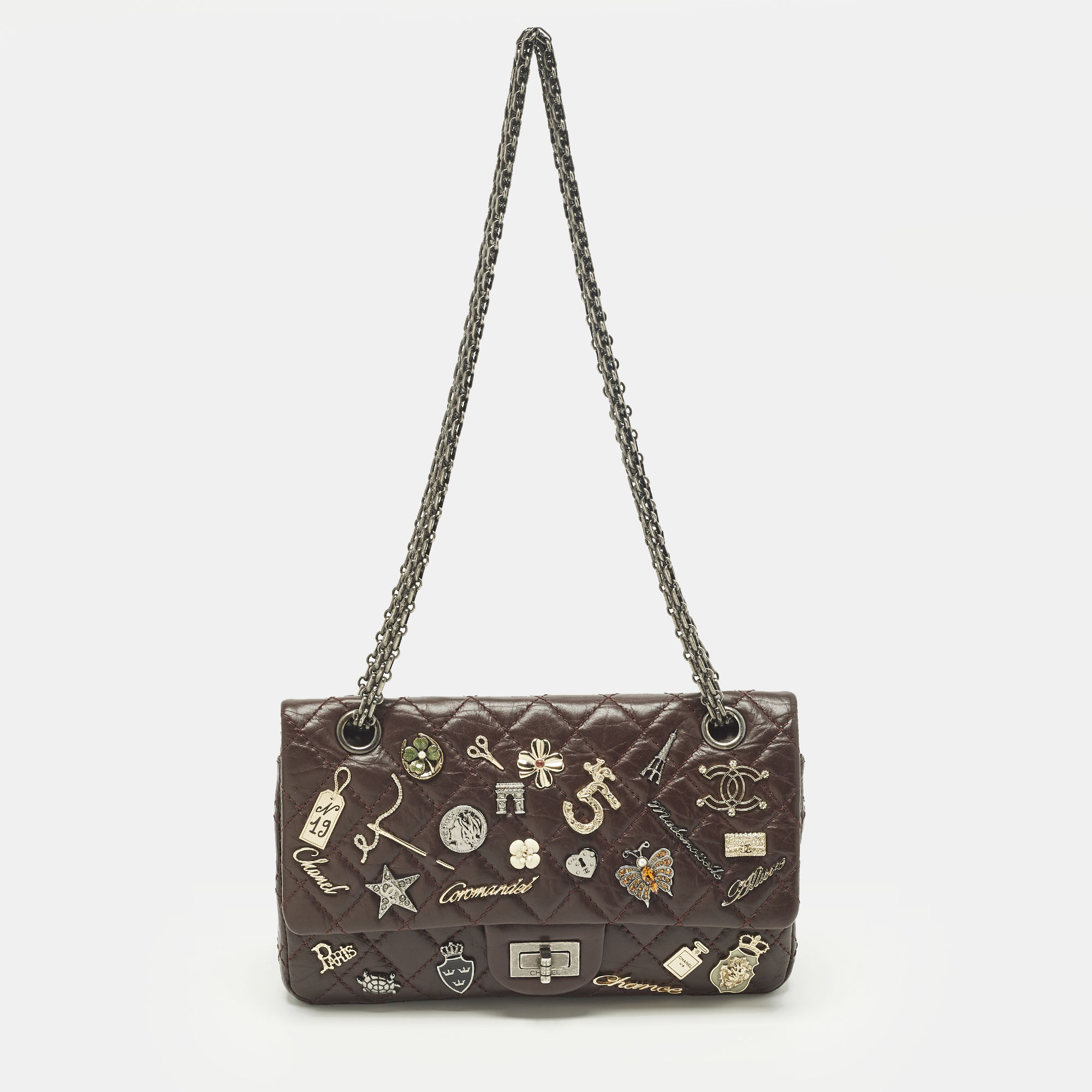 Pre-owned Chanel Lucky Charm Reissue 2.55 Classic 225 Dark Burgundy Aged Quilted Leather Flap Bag