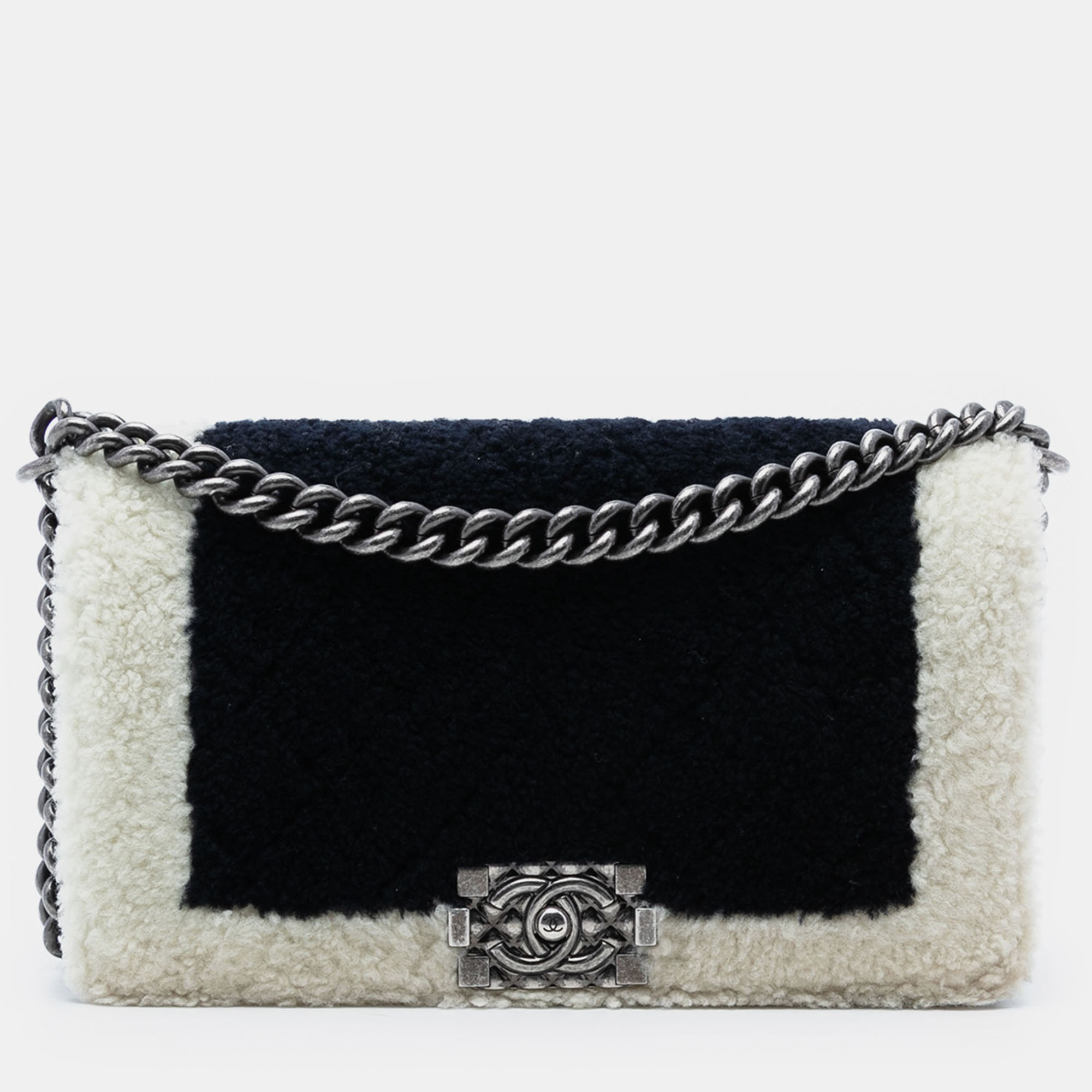 

Chanel Black Old Medium Bicolor Shearling Boy Flap