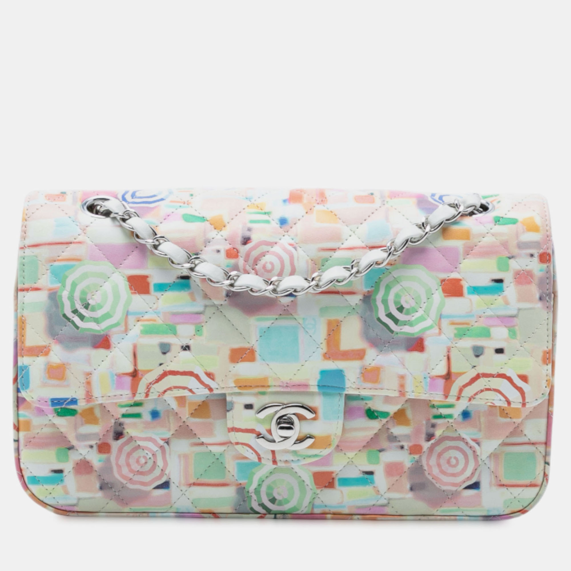 

Chanel White Medium Quilted Printed Leather Umbrella Double Flap