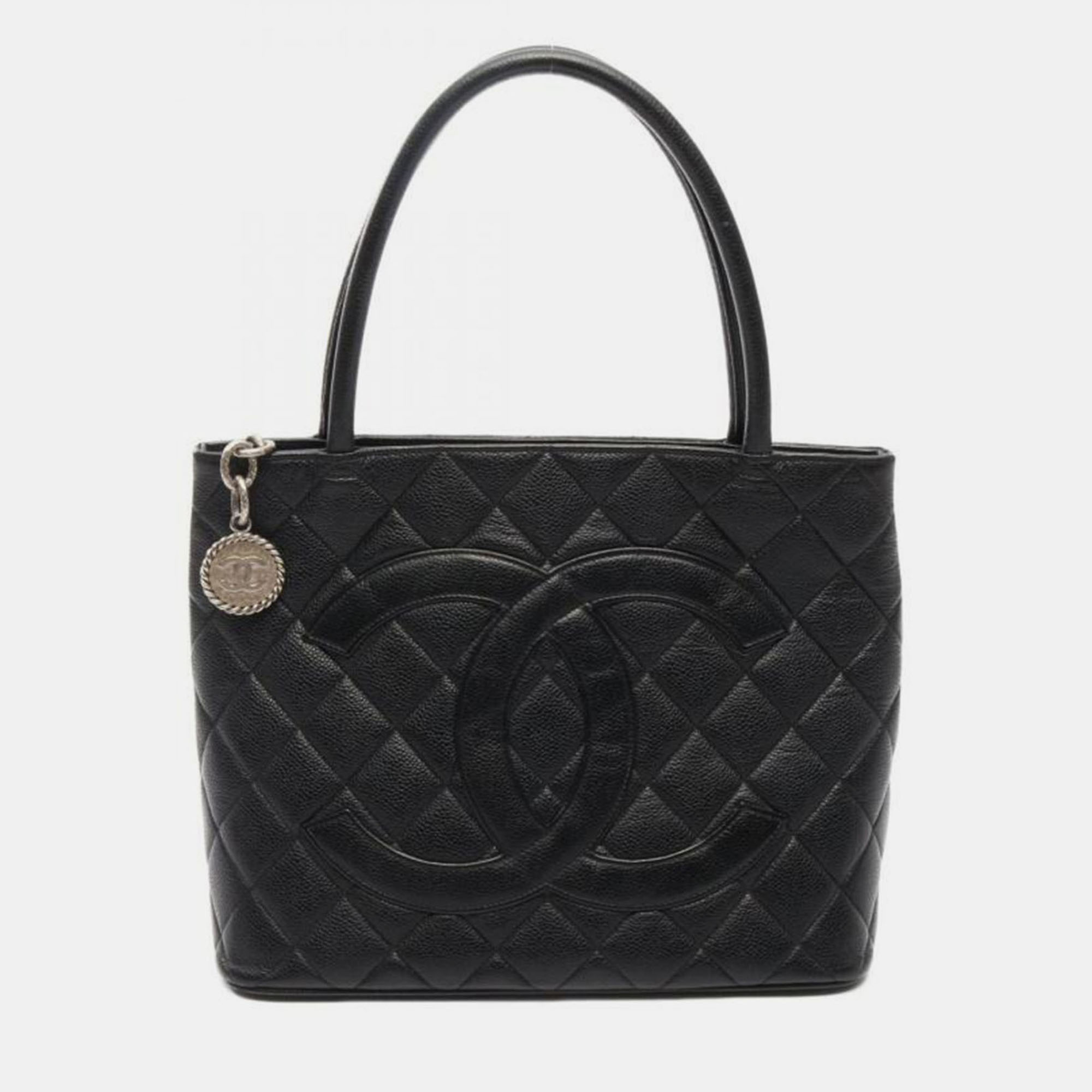 Pre-owned Chanel Medallion Tote Bag A01804 Grained Calf Skin Black Cc Coco
