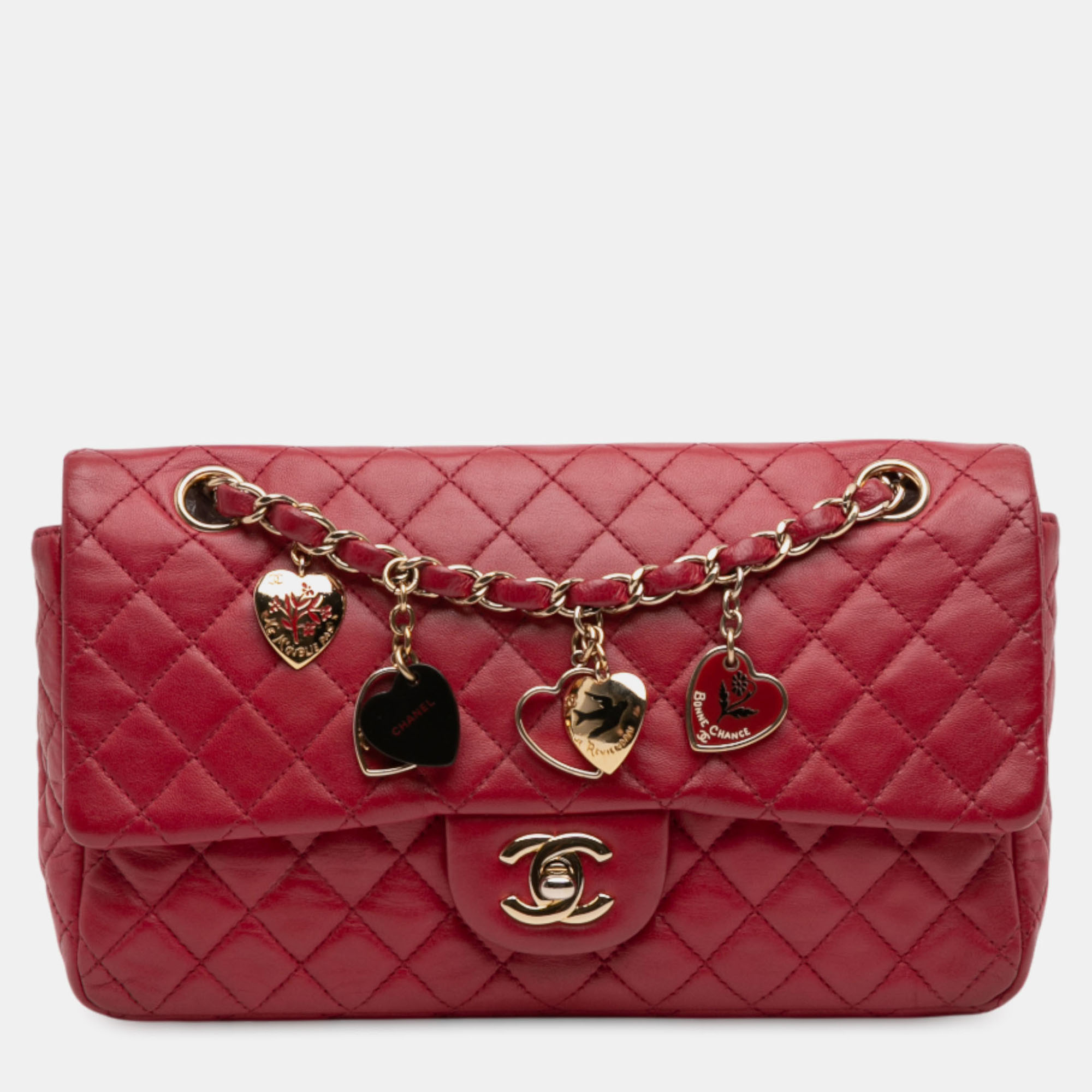 

Chanel Red Medium Classic Lambskin Valentines Heart Charms Single Flap