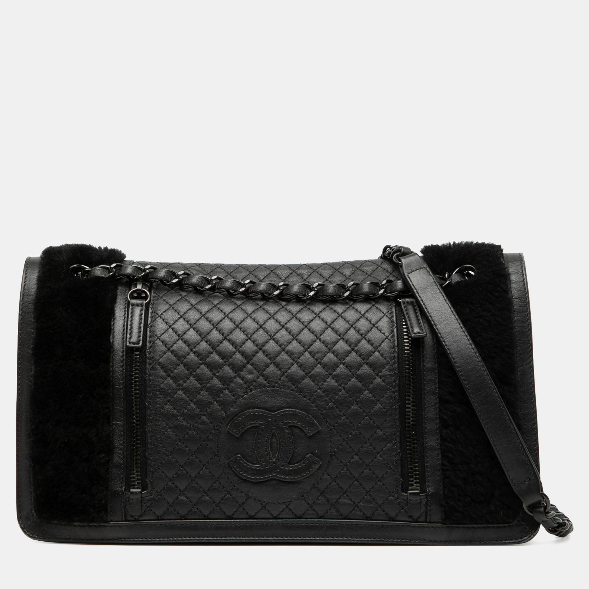 

Chanel Black Large CC Quilted Lambskin and Shearling Single Flap
