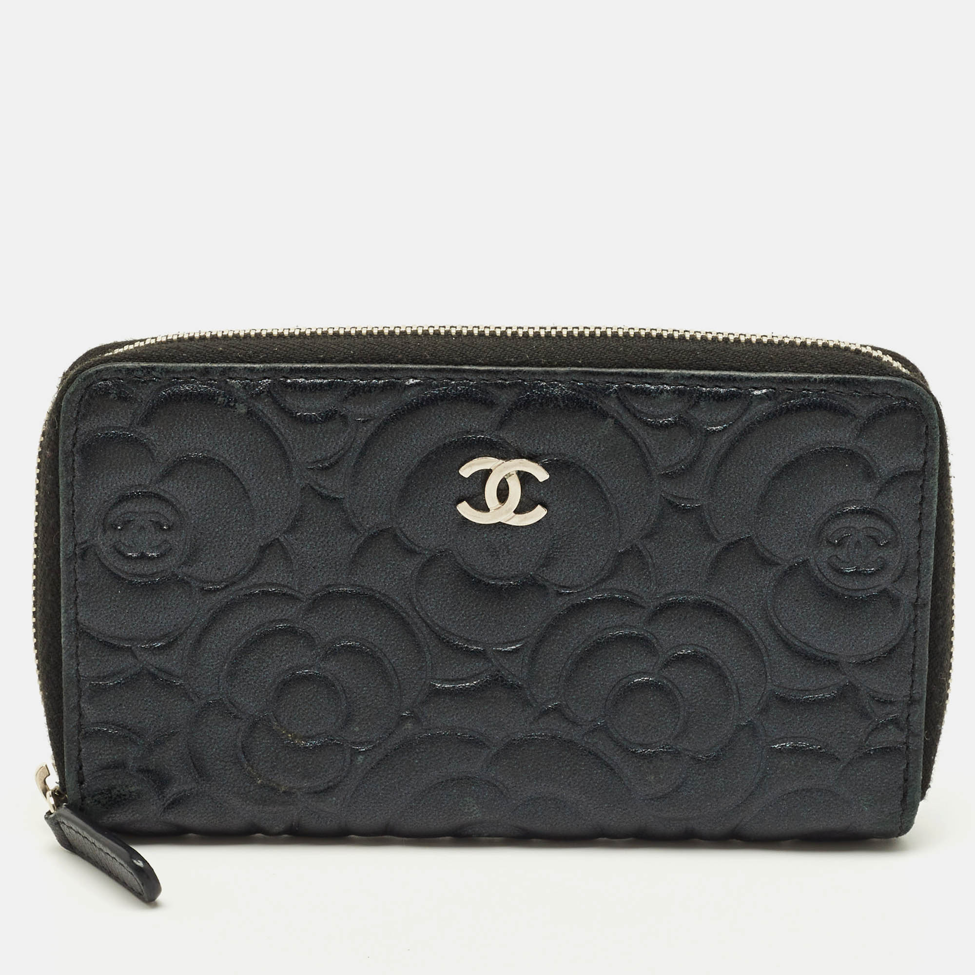 

Chanel CC Black Camelia Embossed Leather Zip Around Wallet
