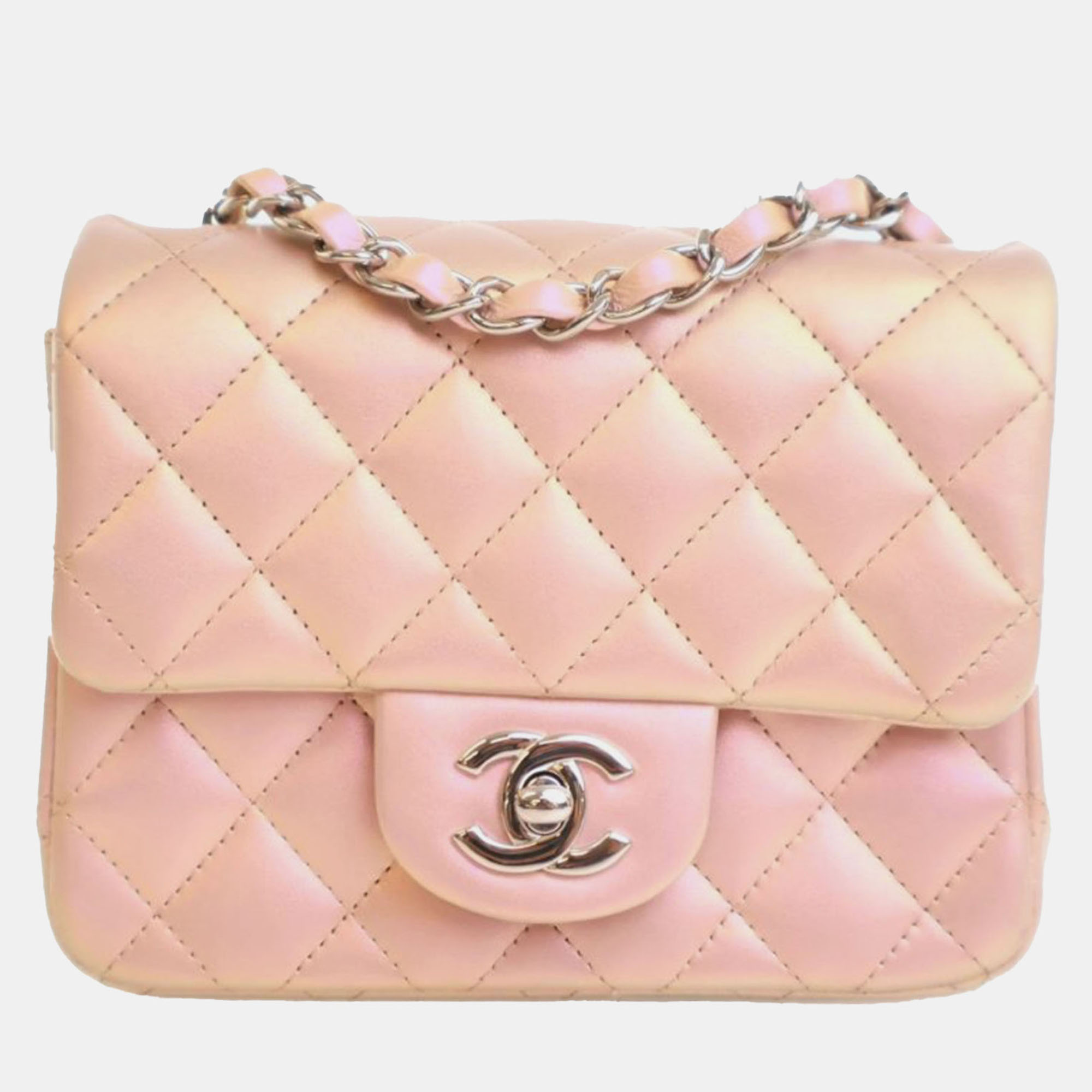 

Chanel Pink Mini Square Classic Iridescent Calfskin Single Flap