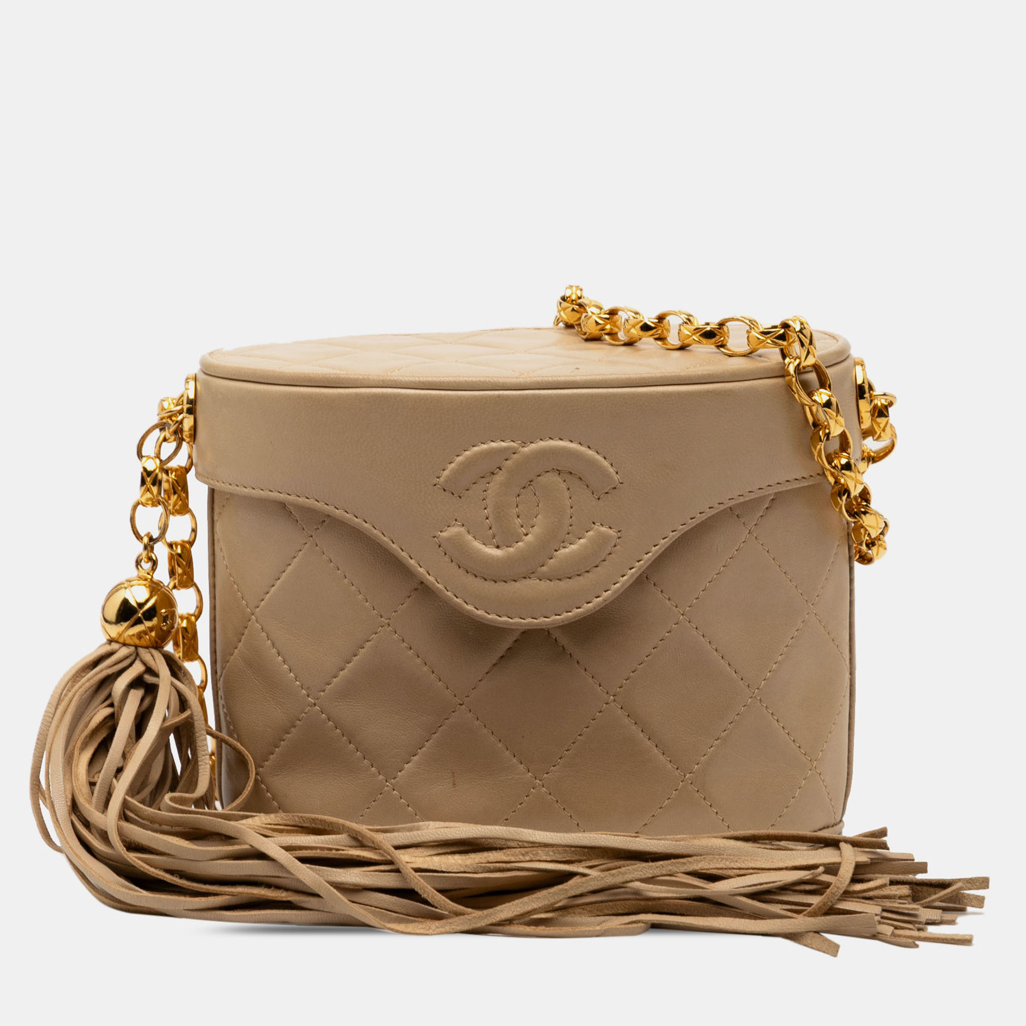 

Chanel Brown CC Quilted Lambskin Tassel Chain Vanity Bag