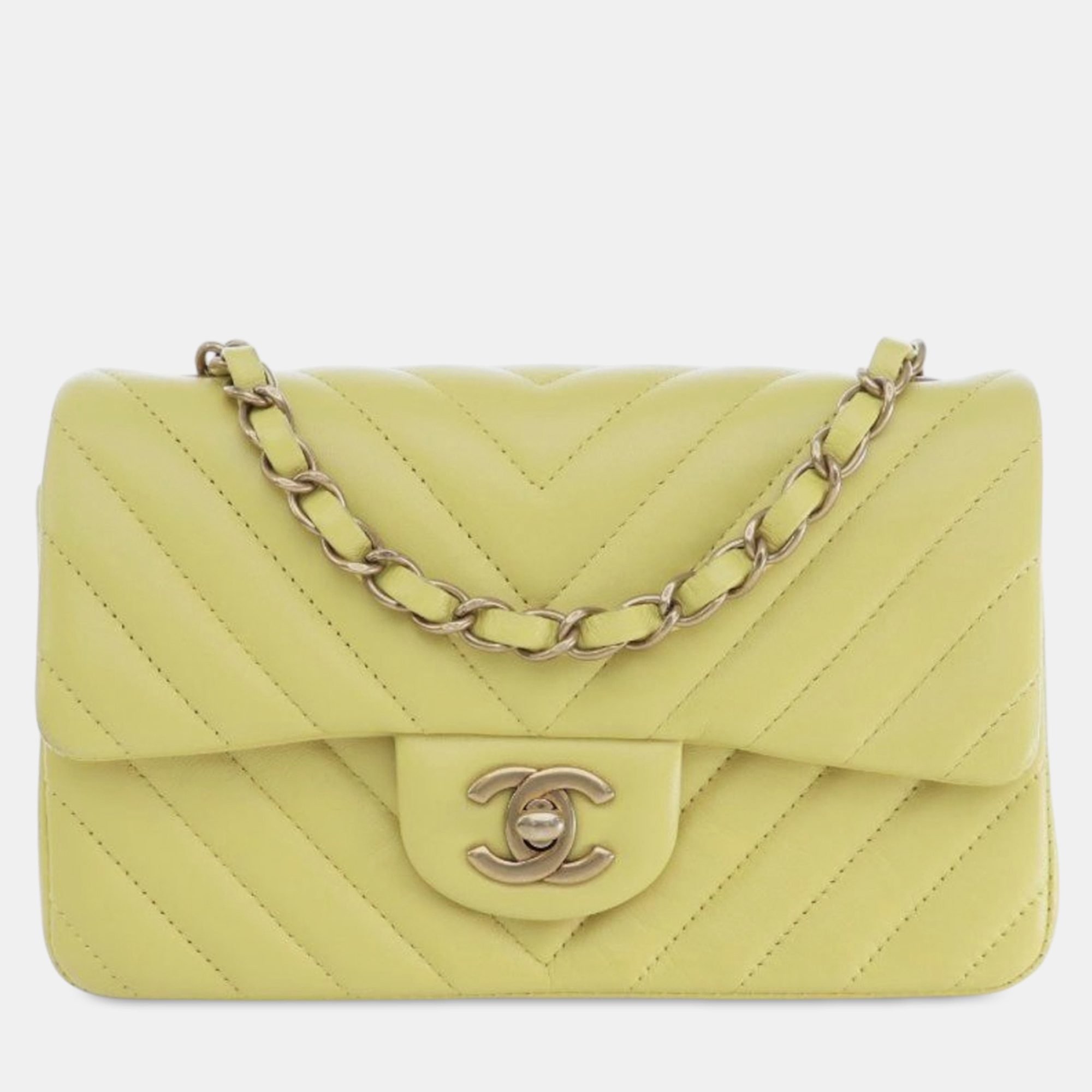 

Chanel Yellow Mini Rectangular Classic Chevron Lambskin Single Flap