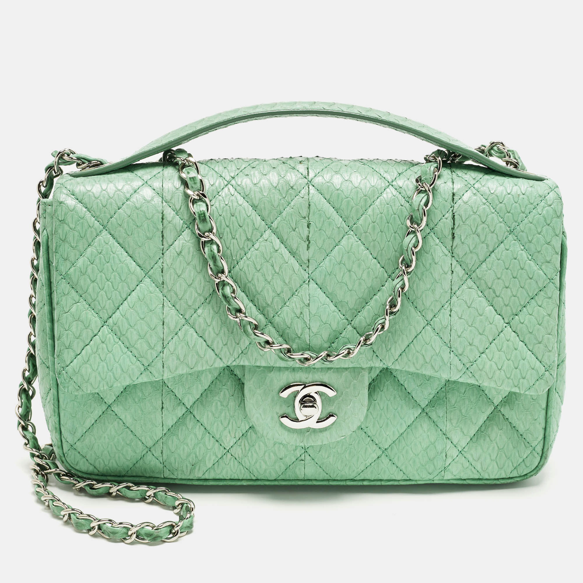 

Chanel Easy Carry Green Quilted Snakeskin Flap Bag
