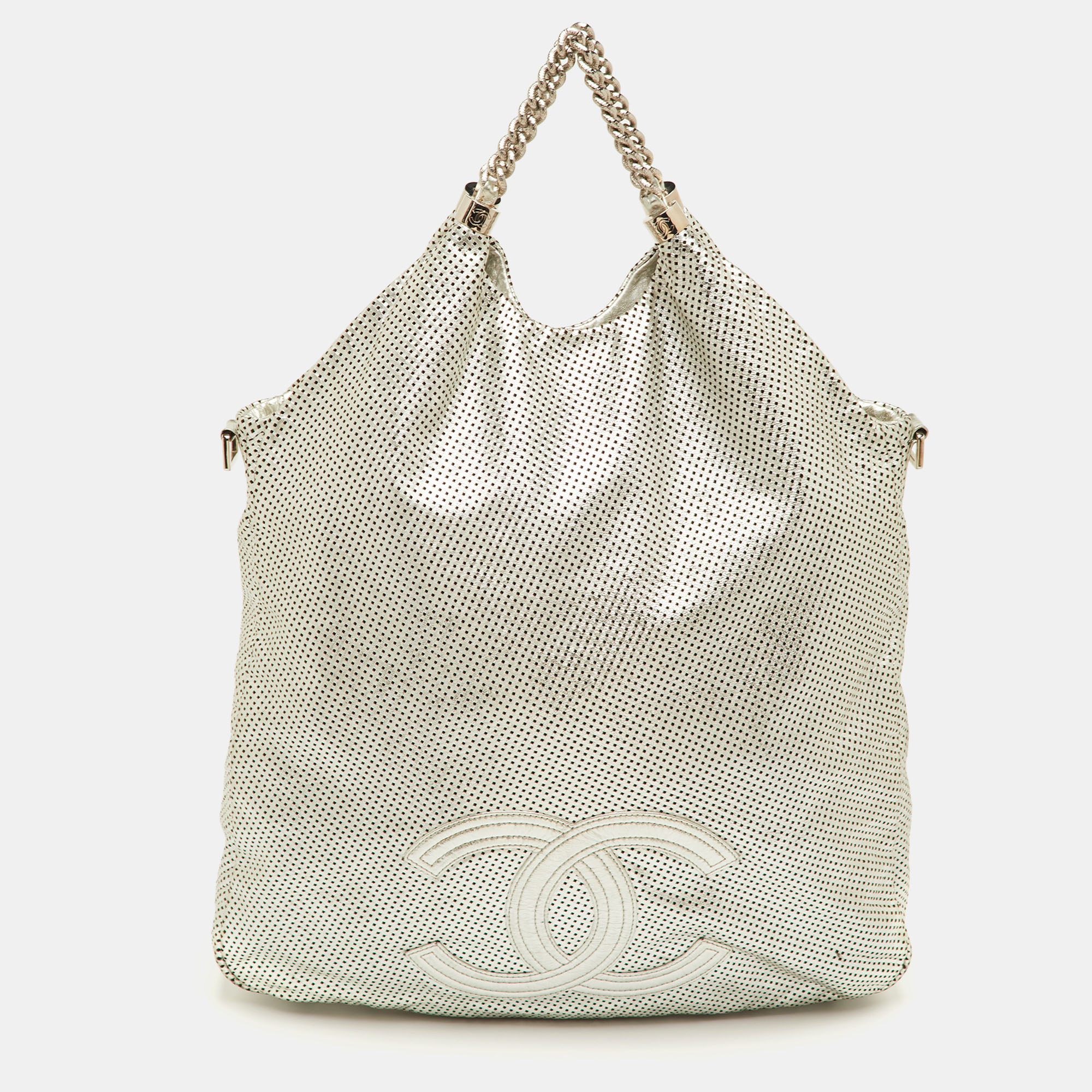 

Chanel Rodeo Drive  Metallic Silver Perforated Leather Bag