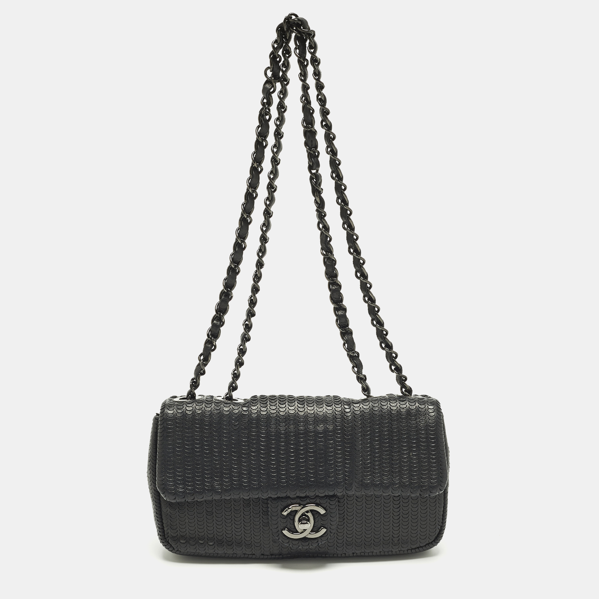 

Chanel Classic Single Flap Small Black Embossed Leather Flap Bag