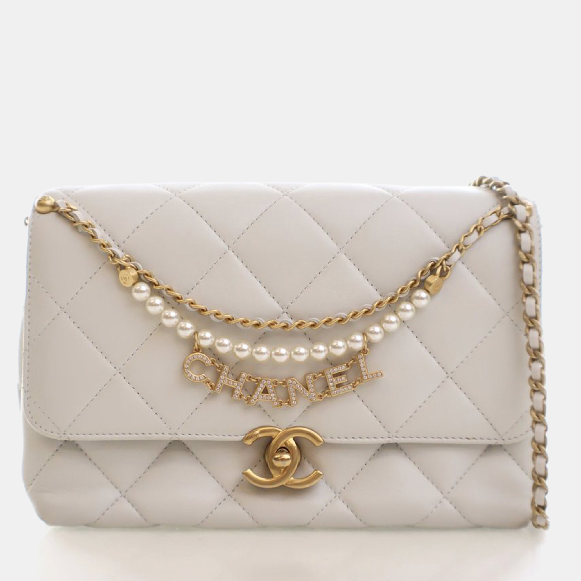 

Chanel Small Lambskin Quilted Pearl Logo Flap, White