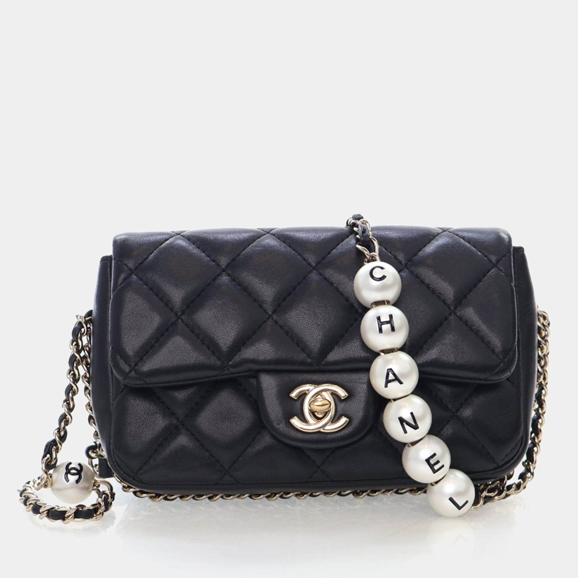 

Chanel Mini Lambskin Pearl Chain Flap Bag, Black
