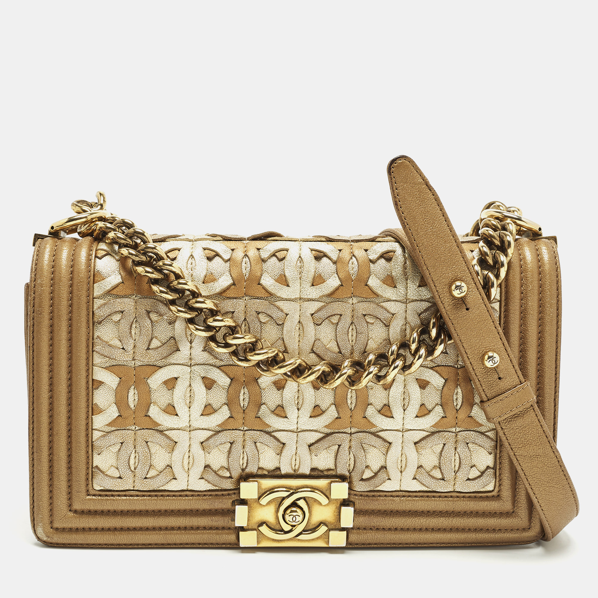 

Chanel Boy  Gold CC Cut Out Leather Flap Bag