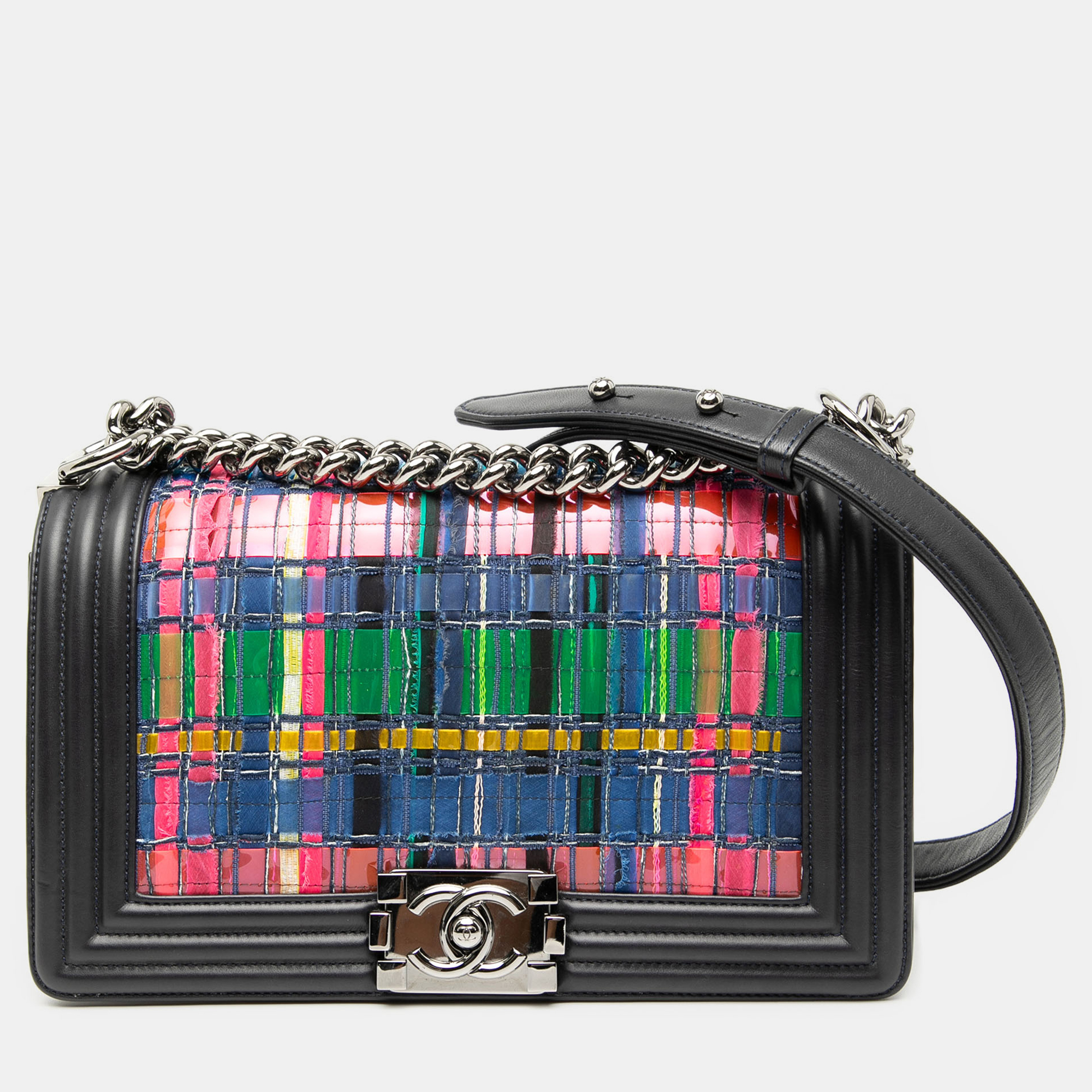 

Chanel Black Old Medium Lambskin and Woven PVC Boy Flap