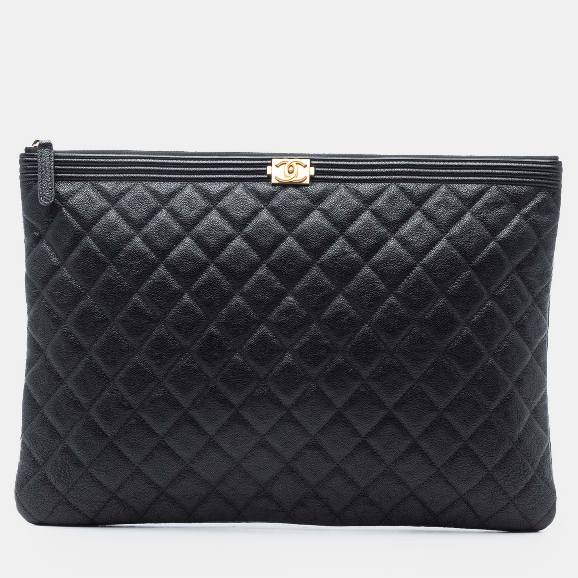 

Chanel Black Large Quilted Caviar Boy O Case Clutch