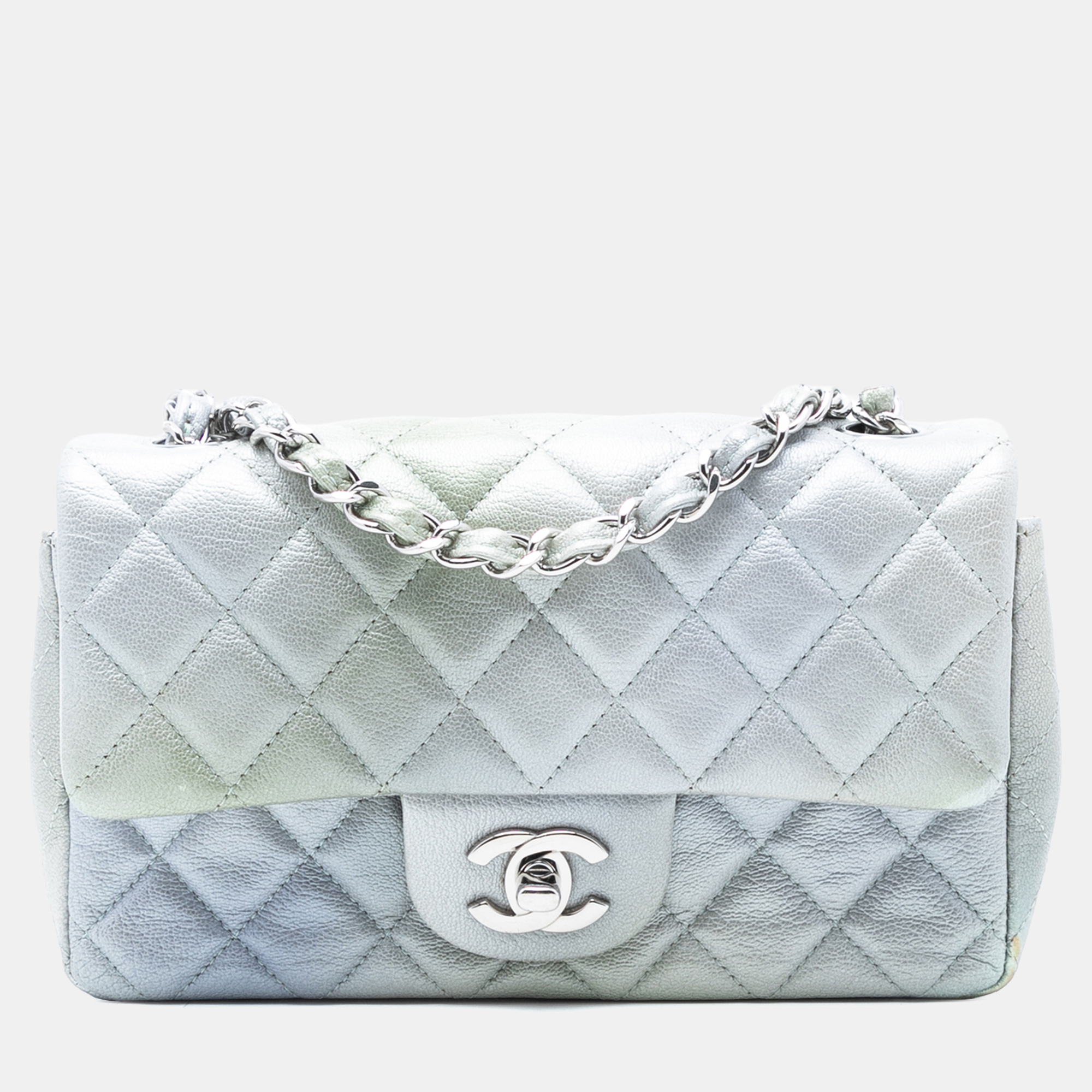 

Chanel Green Silver Mini Rectangular Classic Iridescent Lambskin Ombre Single Flap
