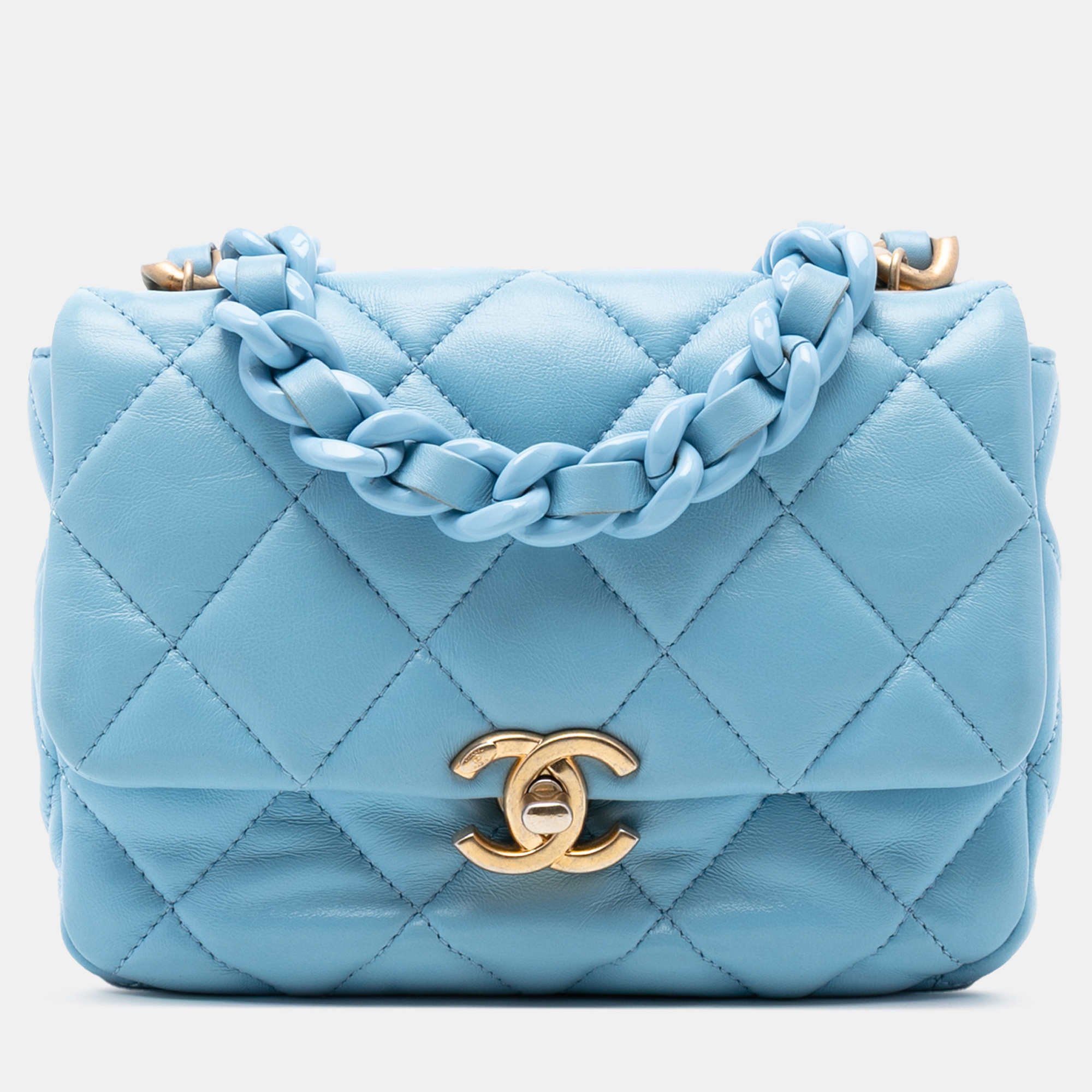 

Chanel Blue Mini Quilted Lambskin Lacquered Chain Flap