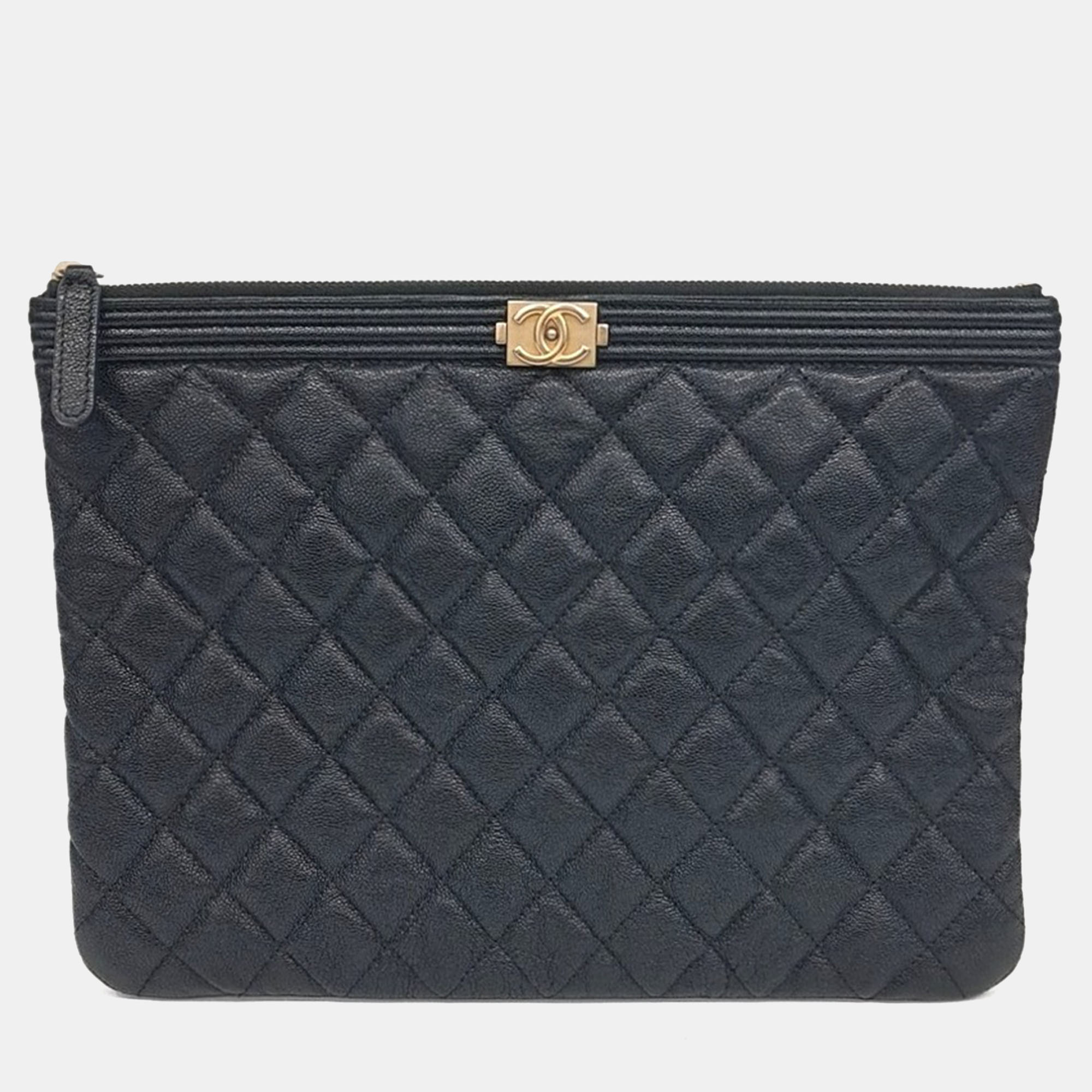 Pre-owned Chanel Black Leather Caviar Boy Clutch New Medium