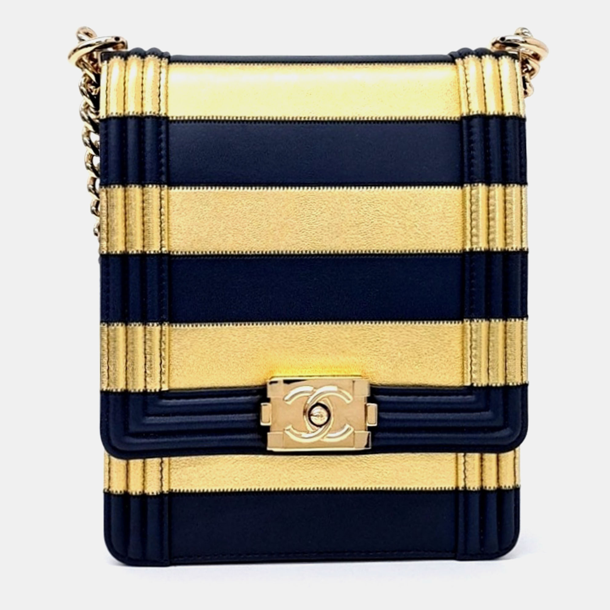 

Chanel Gold Navy Blue Leather Boy Flap Bag