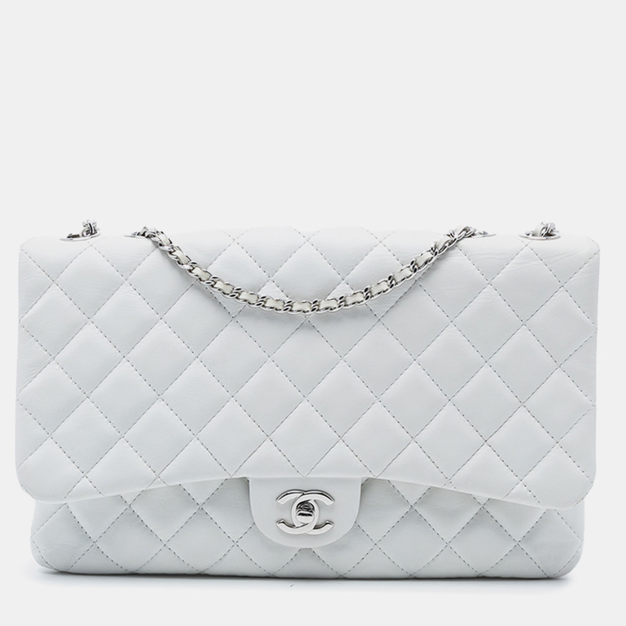

Chanel White Jumbo Quilted Lambskin 3 Accordion Flap
