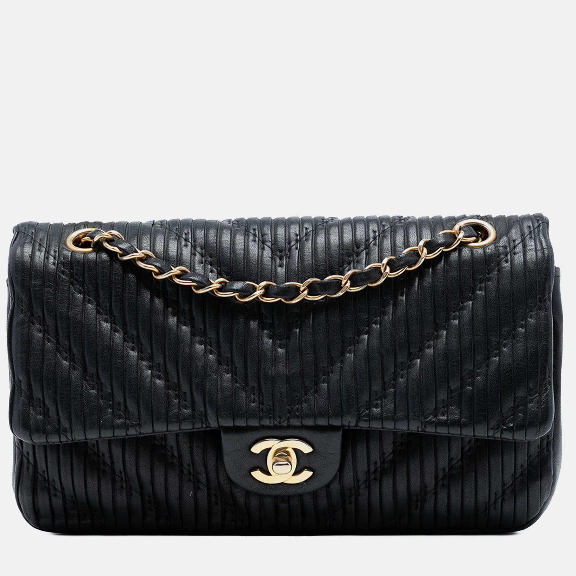 

Chanel Black Medium Classic Chevron Calfskin Pleated Double Flap