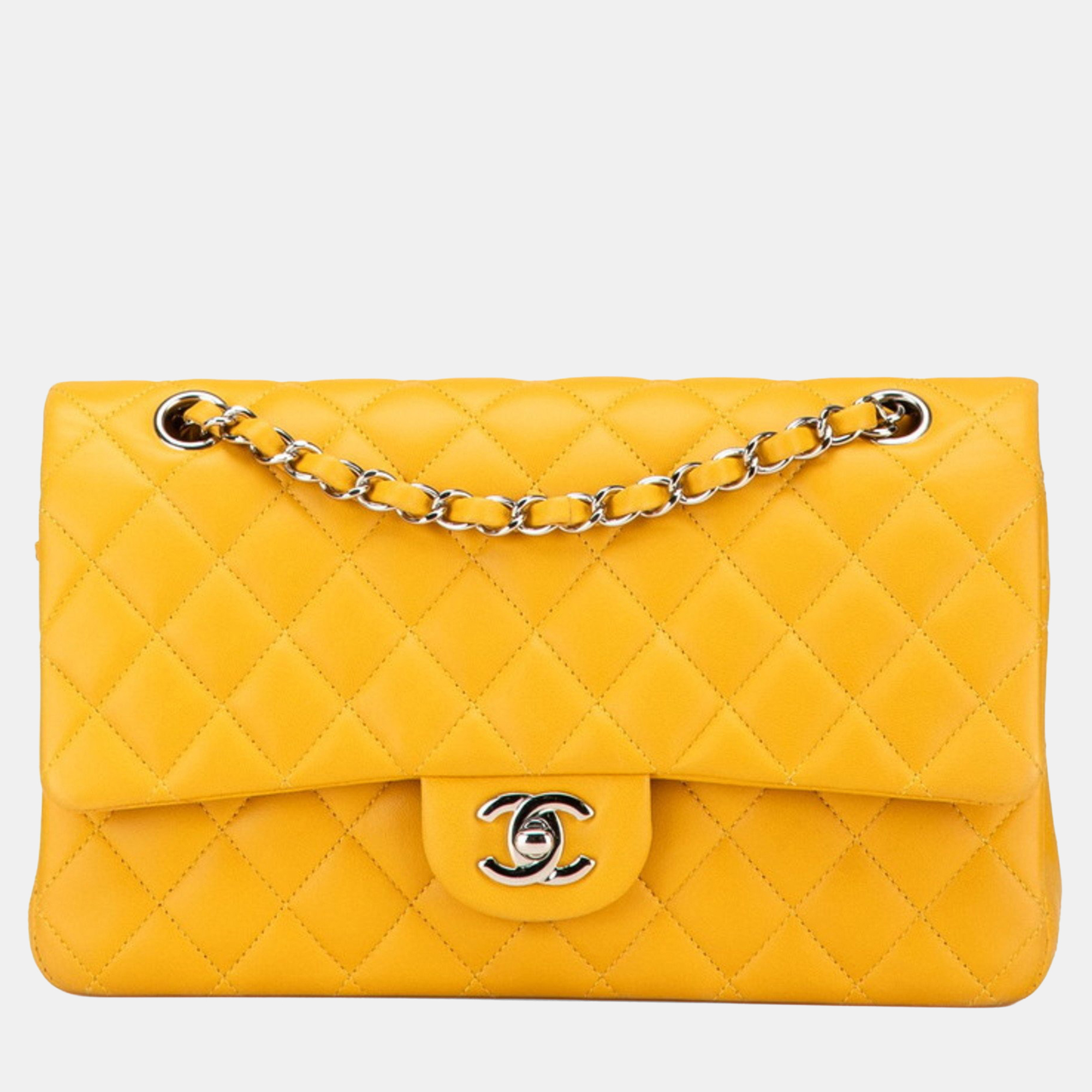 

Chanel Matelasse Coco Mark Double Flap Chain Shoulder Bag In Yellow And Silver Lambskin