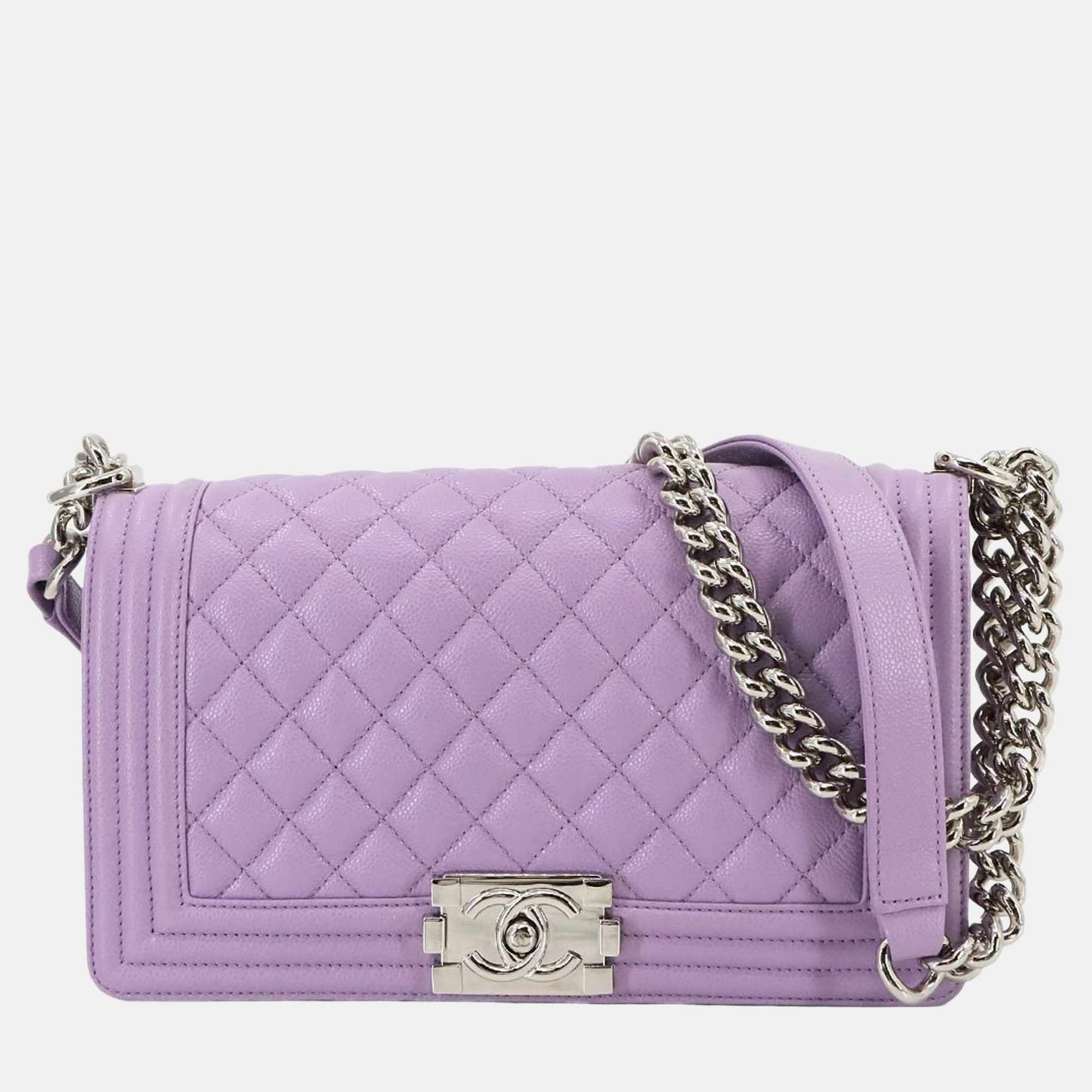 

Chanel Boy Chanel Chain Shoulder Bag In Purple Caviar Leather With Silver Hardware