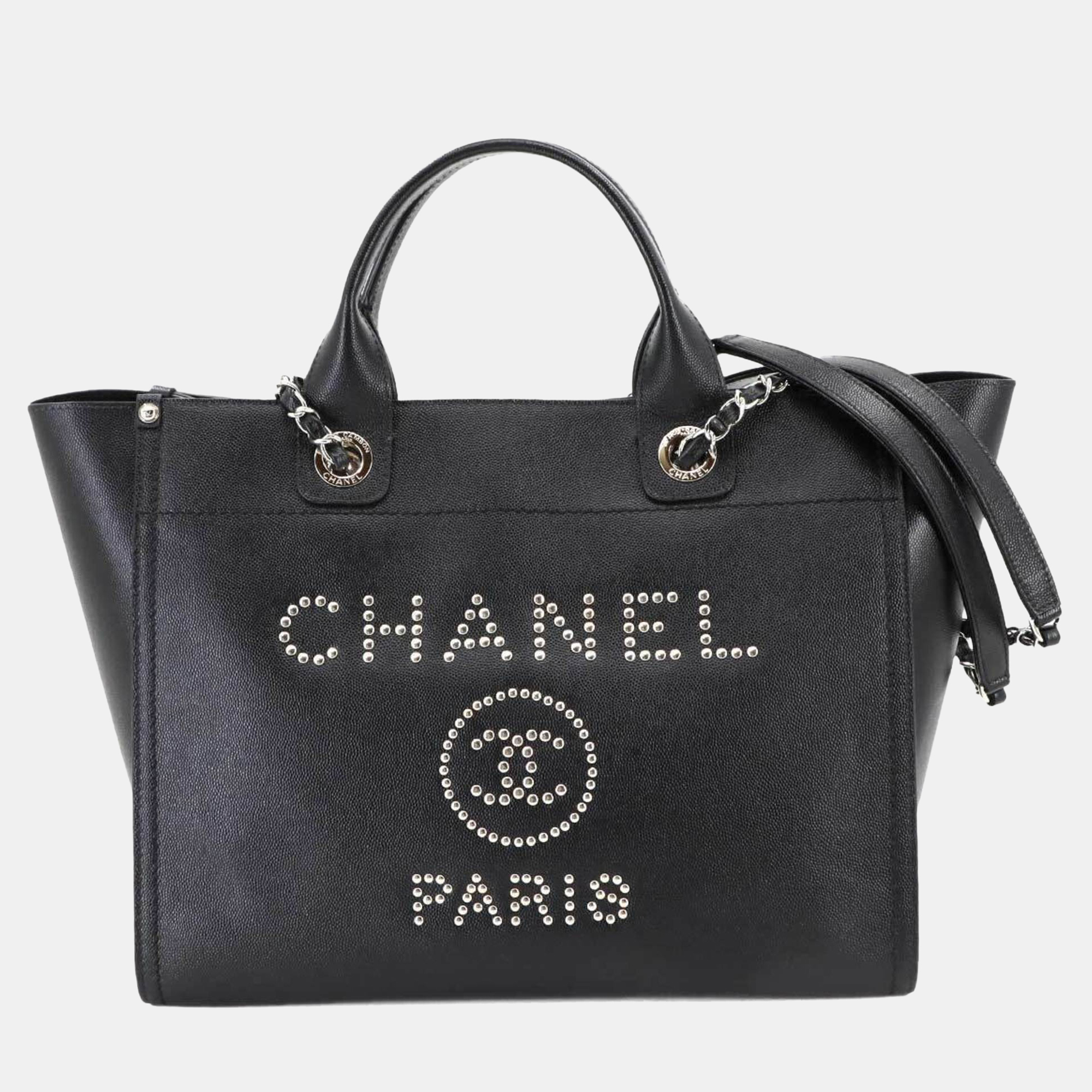 

Chanel Deauville 2-Way Chain Tote Shoulder Bag In Studded Caviar Leather Black