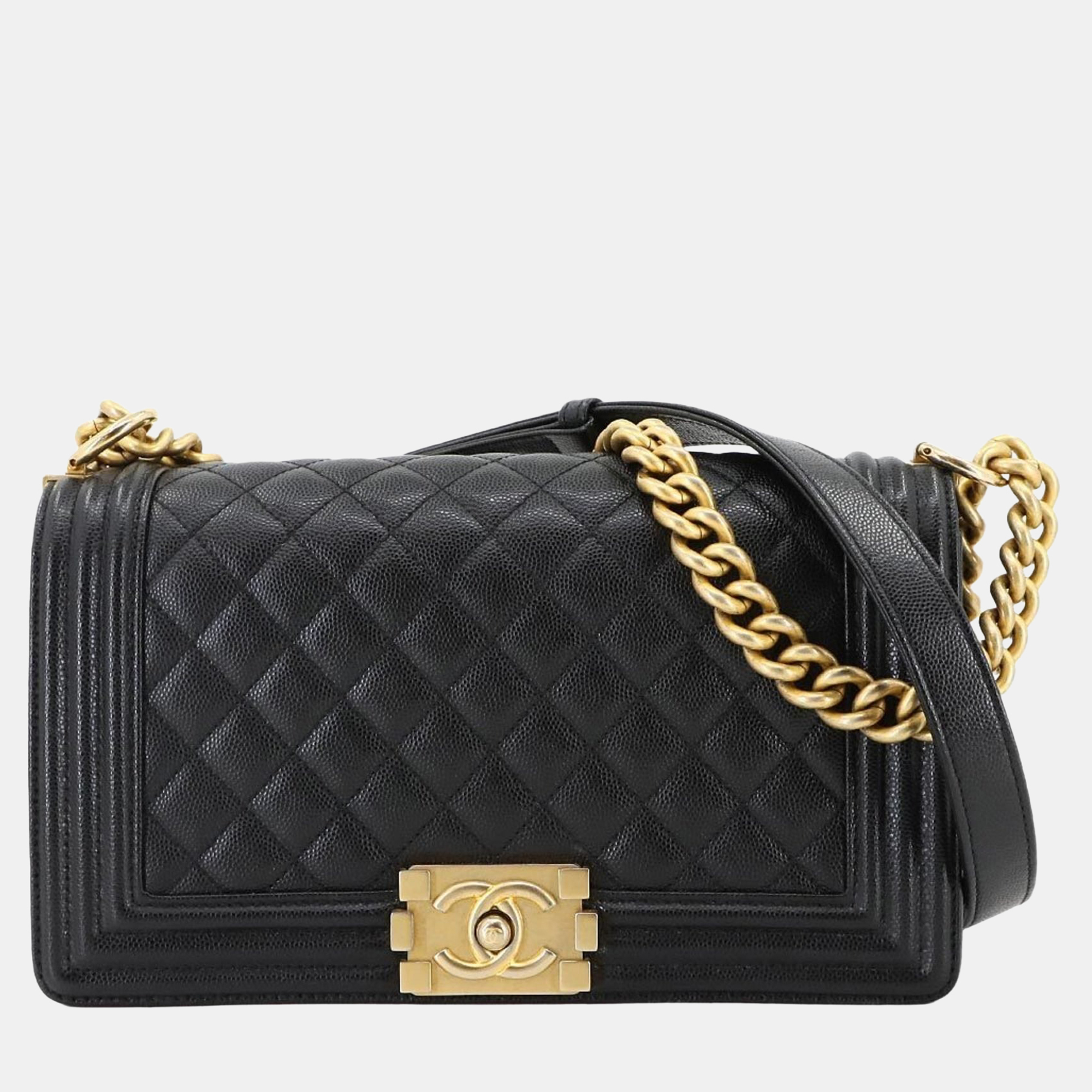 

Chanel Boy Chanel Chain Shoulder Bag In Black Caviar Leather With Gold Hardware