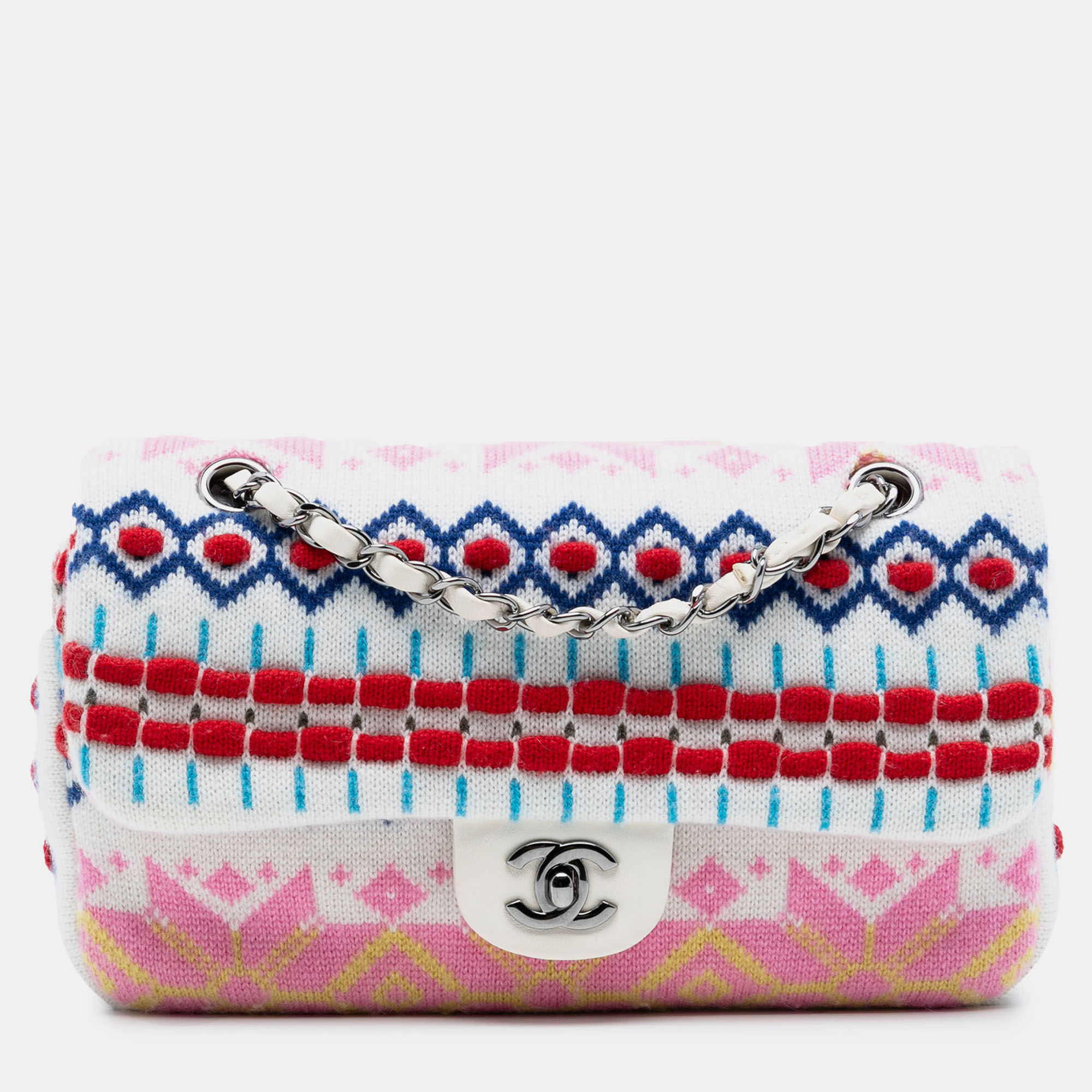 

Chanel White Medium Classic Multicolor Cashmere Knit Single Flap