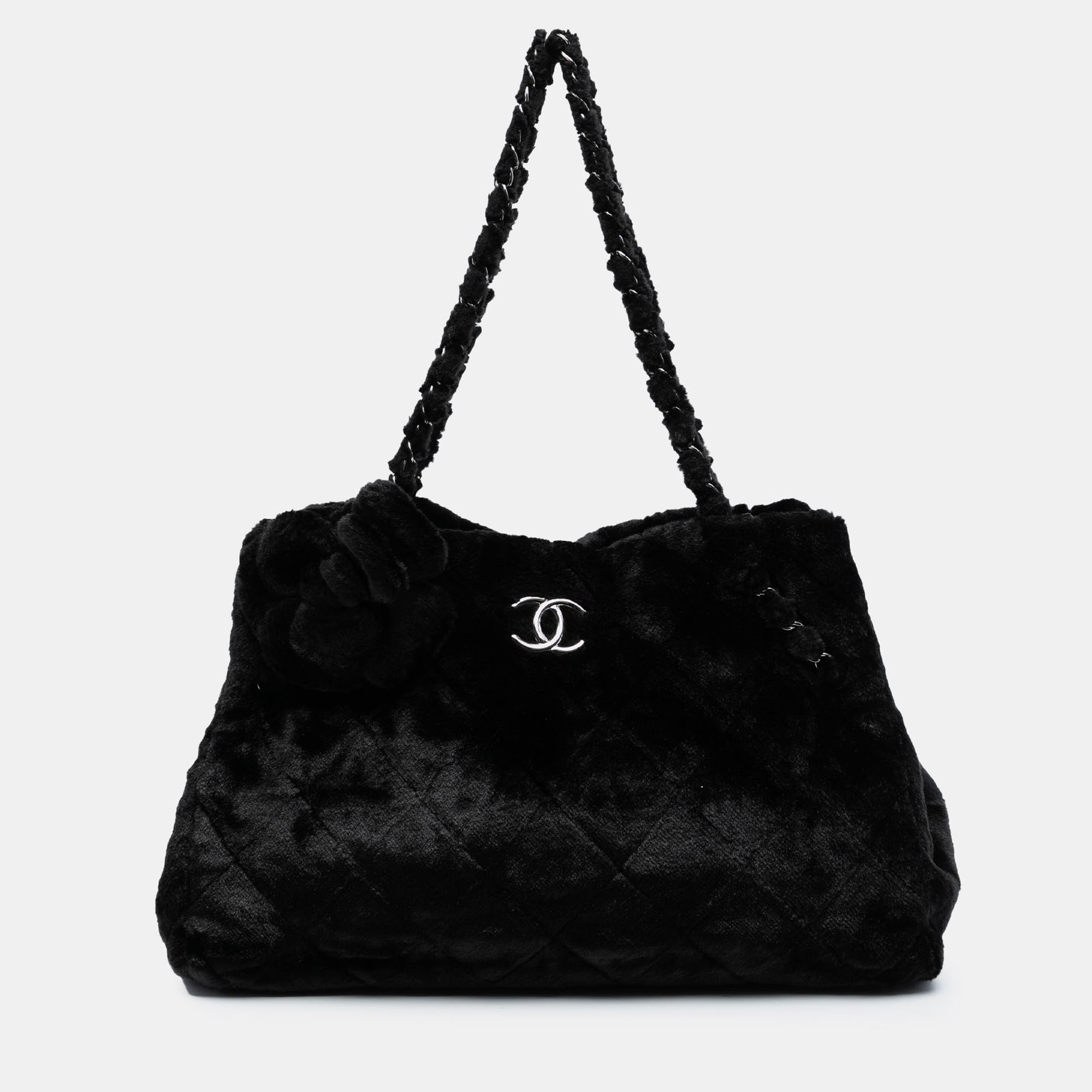 Pre-owned Chanel Black Quilted Fantasy Fur Camellia Tote