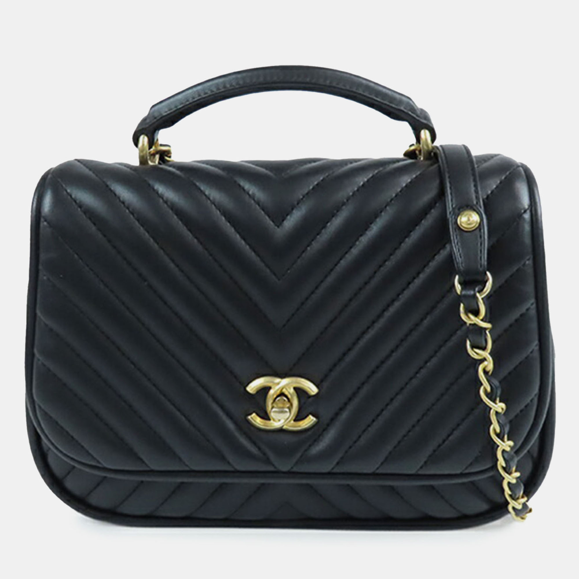 

Chanel Black Medium CC Chevron Lambskin Chain Top Handle Flap