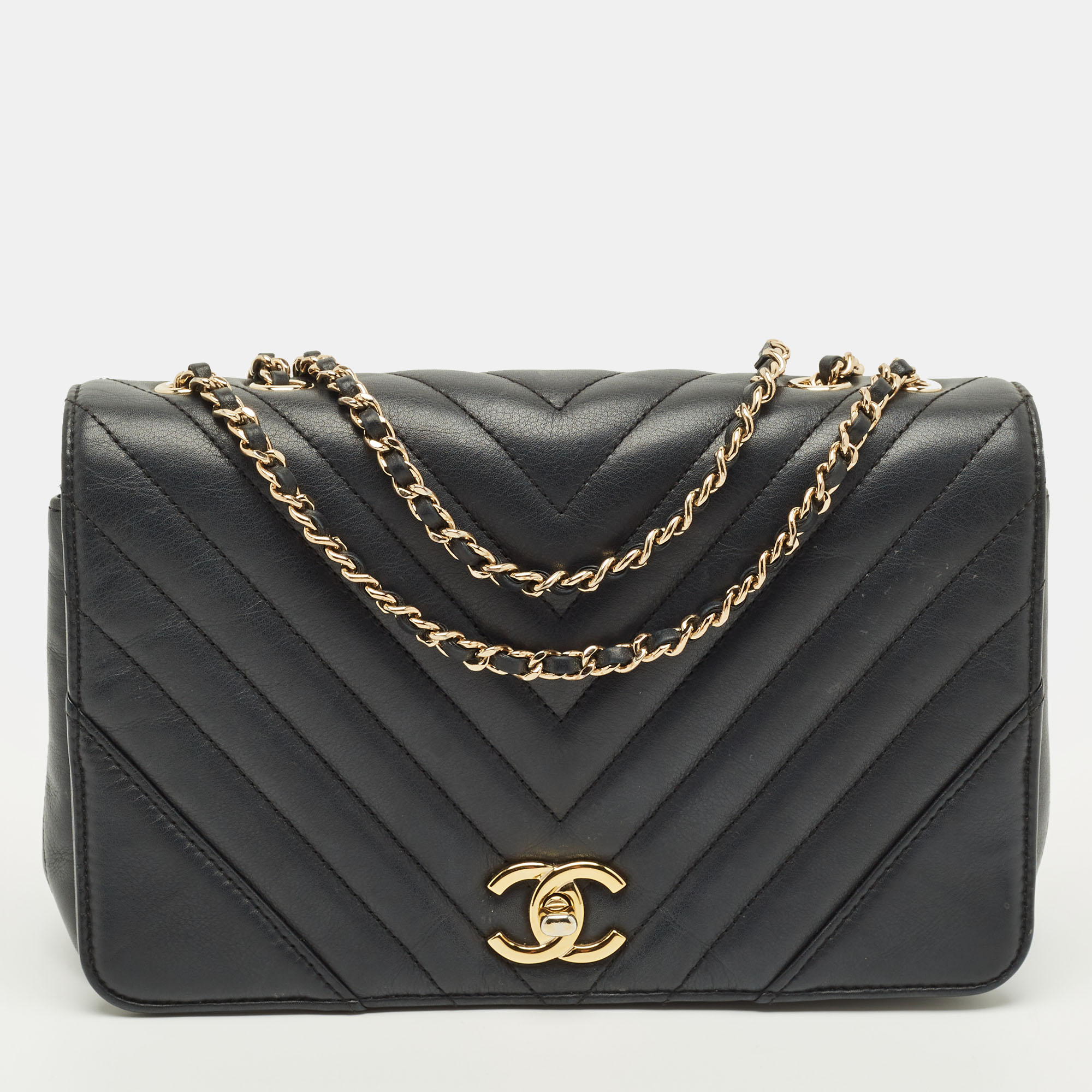 

Chanel Statement Medium Black Chevron Leather Flap Bag