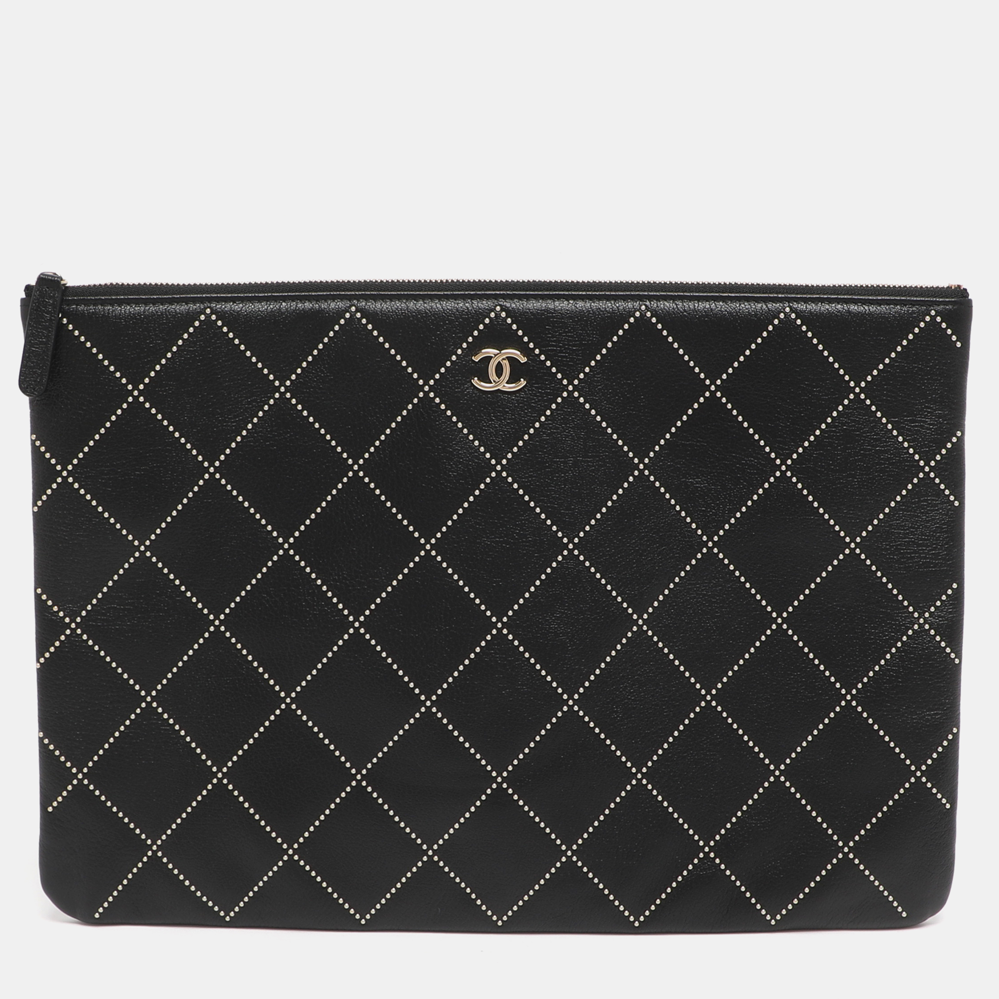 

Chanel O Case Large Black Quilted Leather Clutch