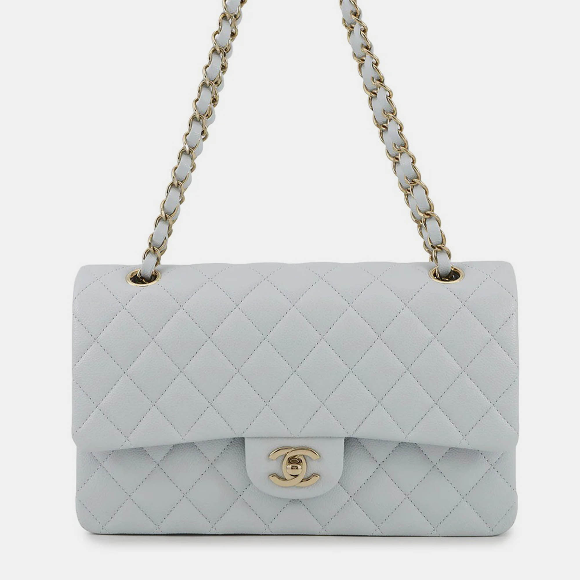 

Chanel Matelasse W Flap Chain shoulder Bag Light Blue Caviar Leather Size