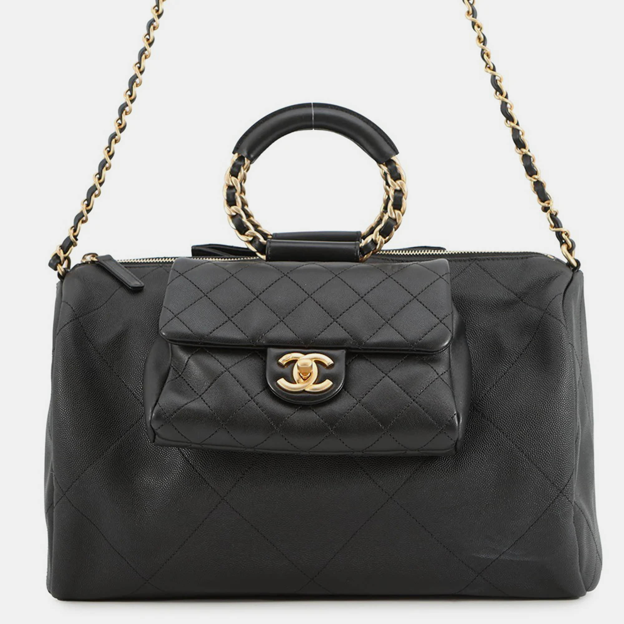 

Chanel Bowling Bag Black Caviar Leather Lambskin Size Large