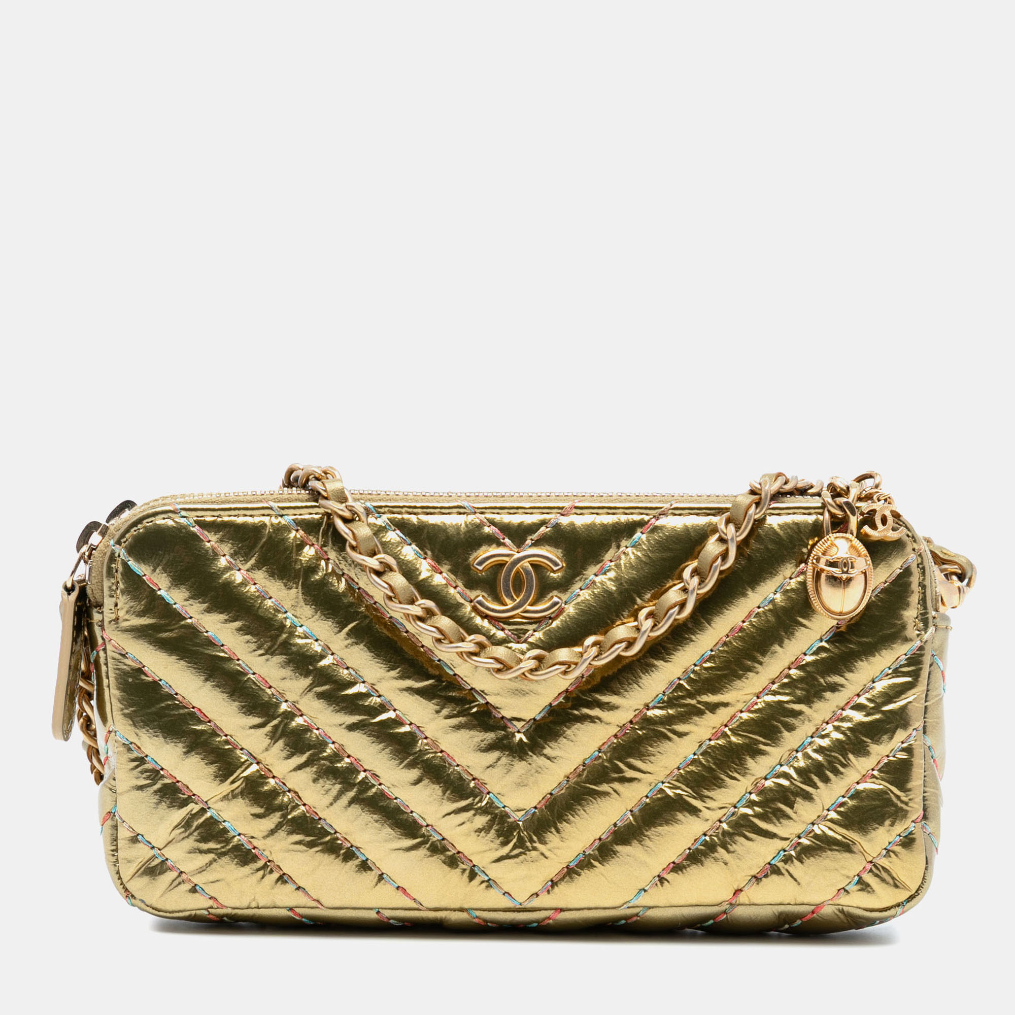 

Chanel Gold CC Chevron Metallic Lambskin Double Zip Wallet on Chain